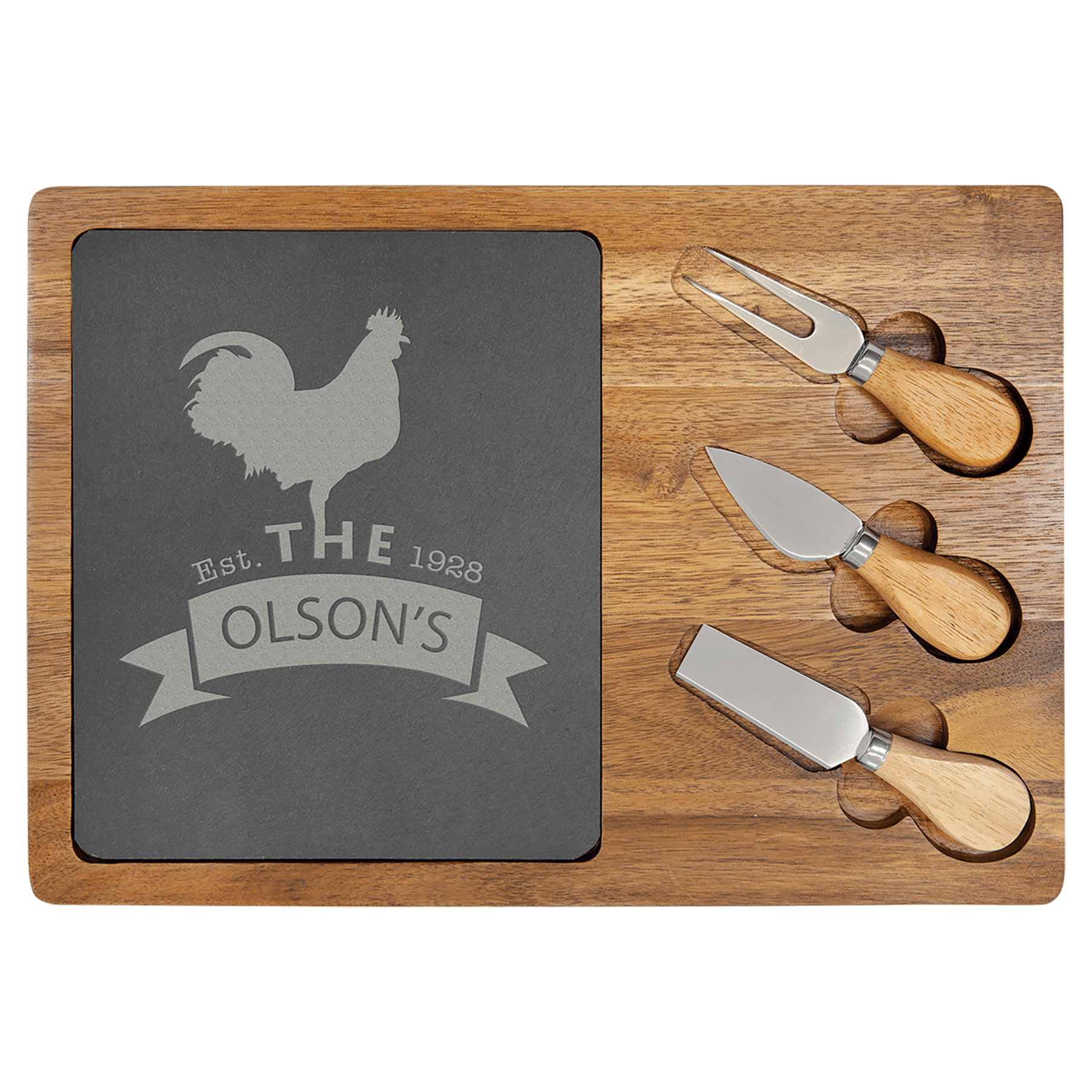 Wooden cutting board with slate insert and cheese knives on a clear background