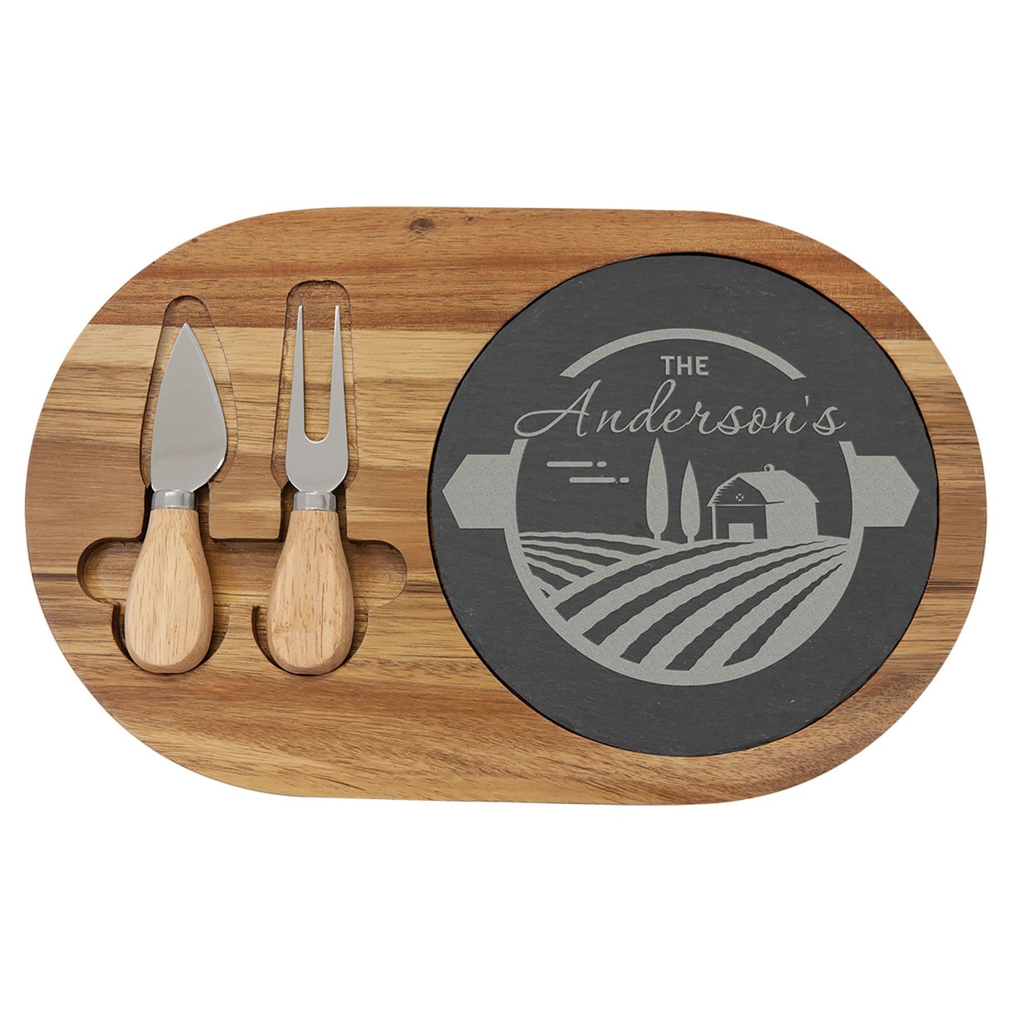 Wooden cheese board with engraved design and cheese tools on a clear background