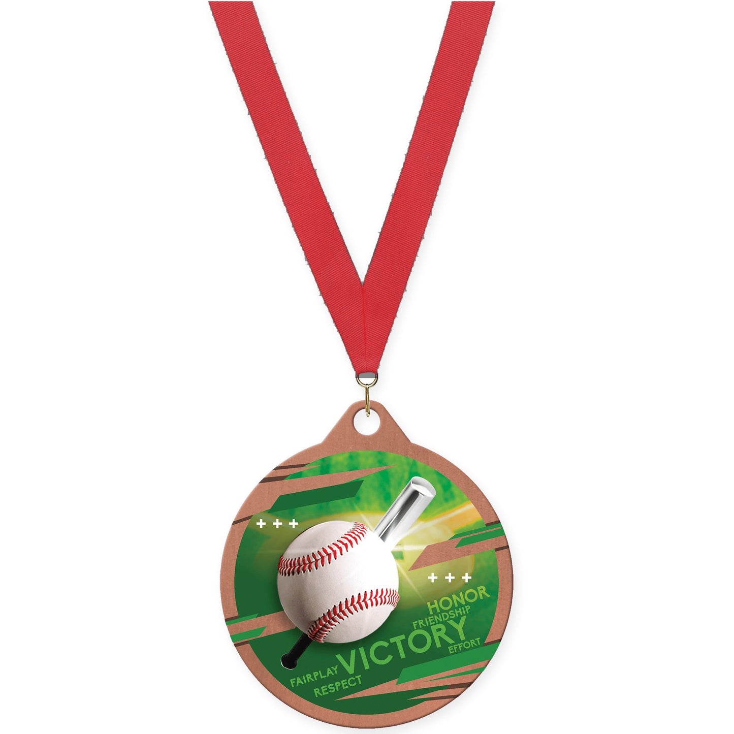 2 inch baseball Inspire medal in bronze with Red neck ribbon