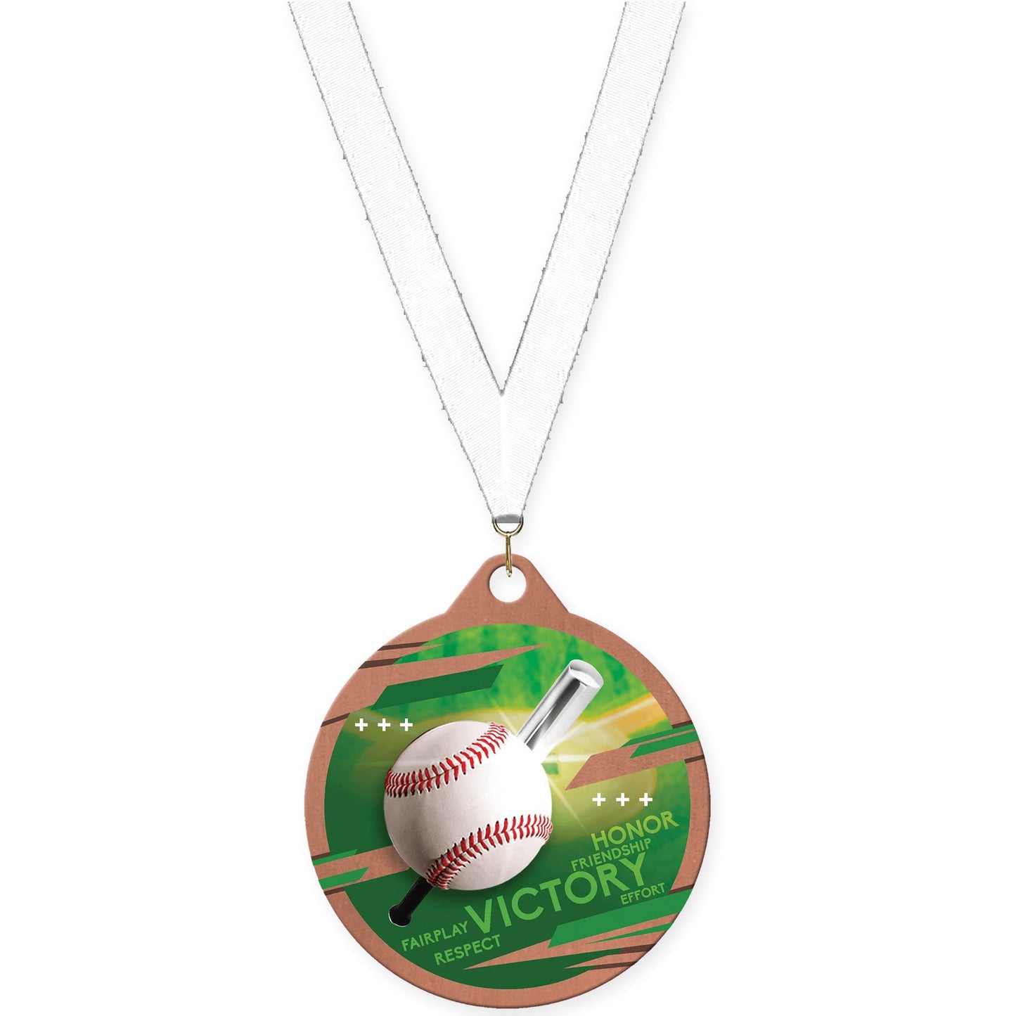 2 inch baseball Inspire medal in bronze with White neck ribbon