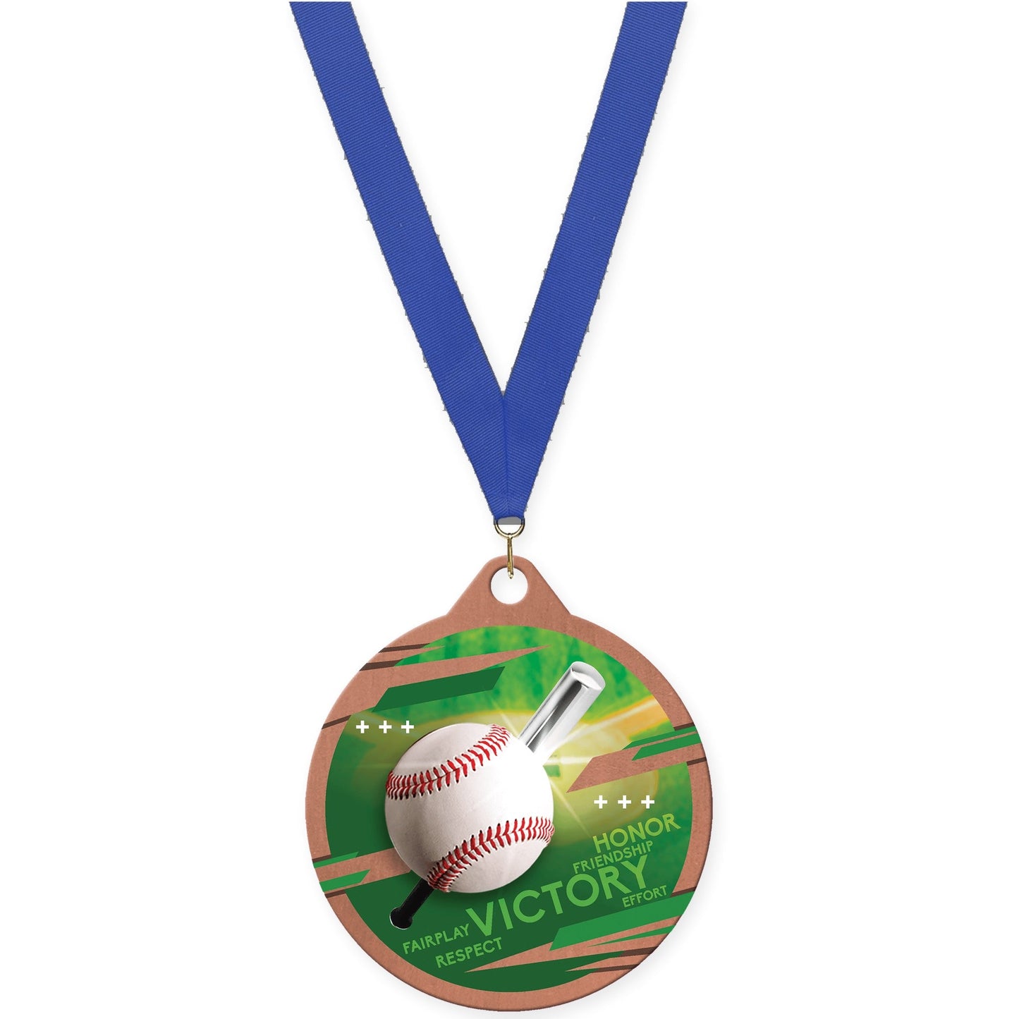2 inch baseball Inspire medal in bronze with Blue neck ribbon