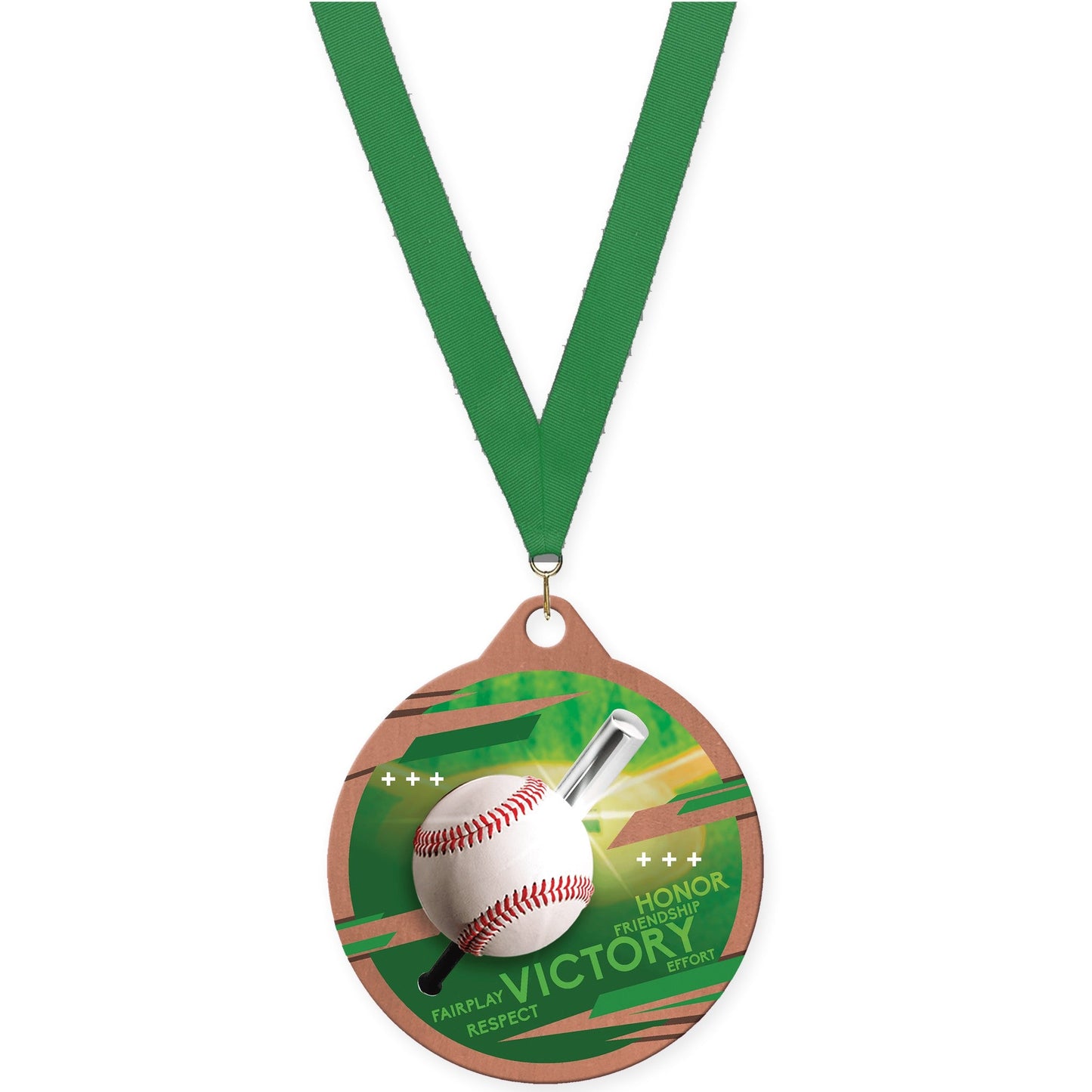 2 inch baseball Inspire medal in bronze with Green neck ribbon