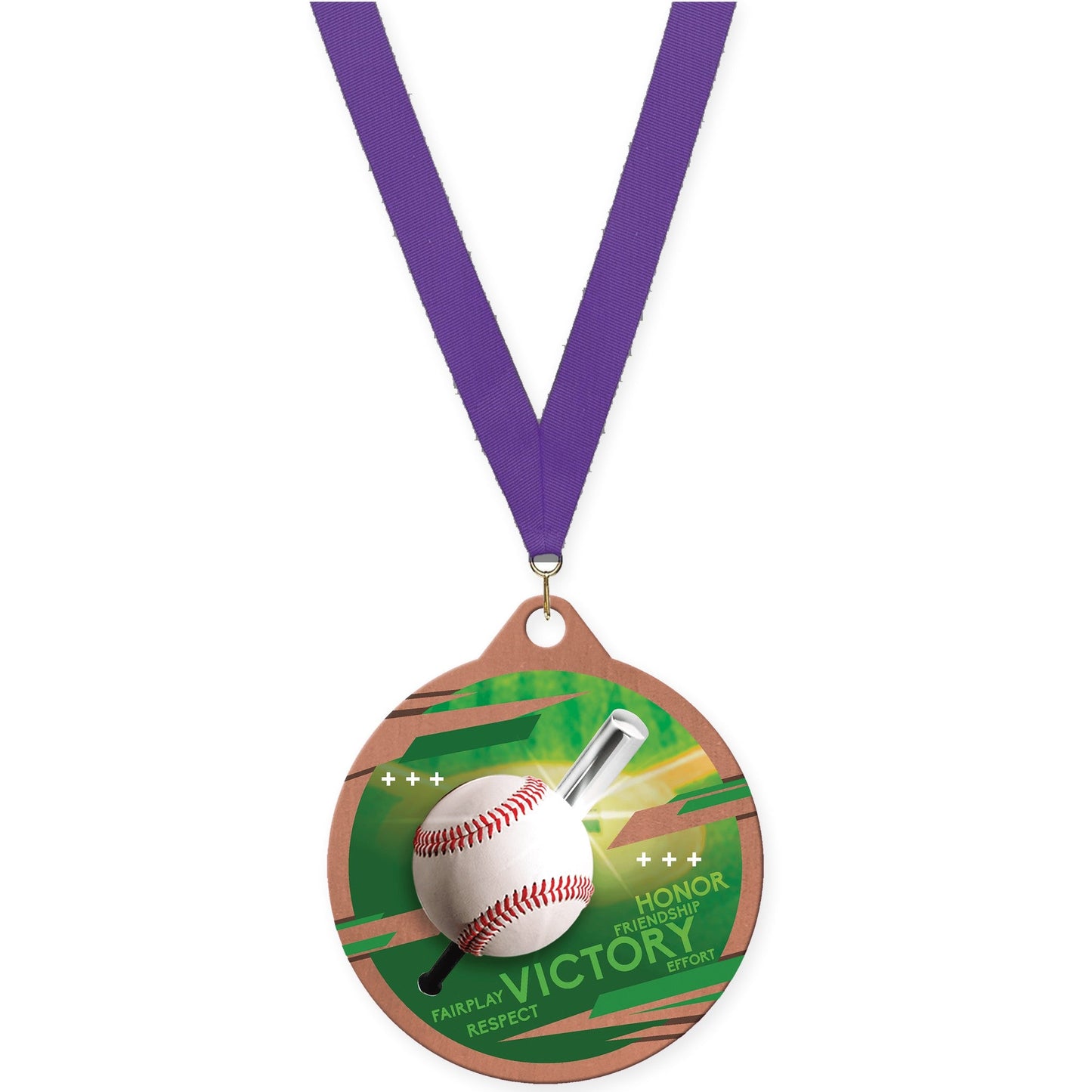 2 inch baseball Inspire medal in bronze with Purple neck ribbon