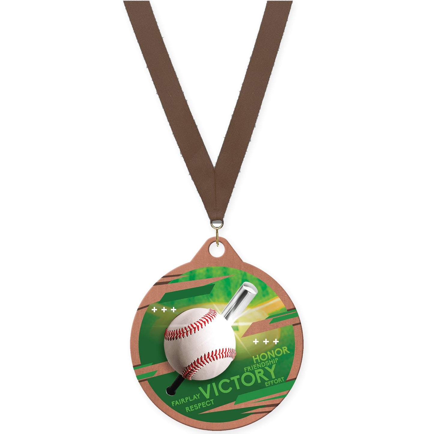 2 inch baseball Inspire medal in bronze with Brown neck ribbon