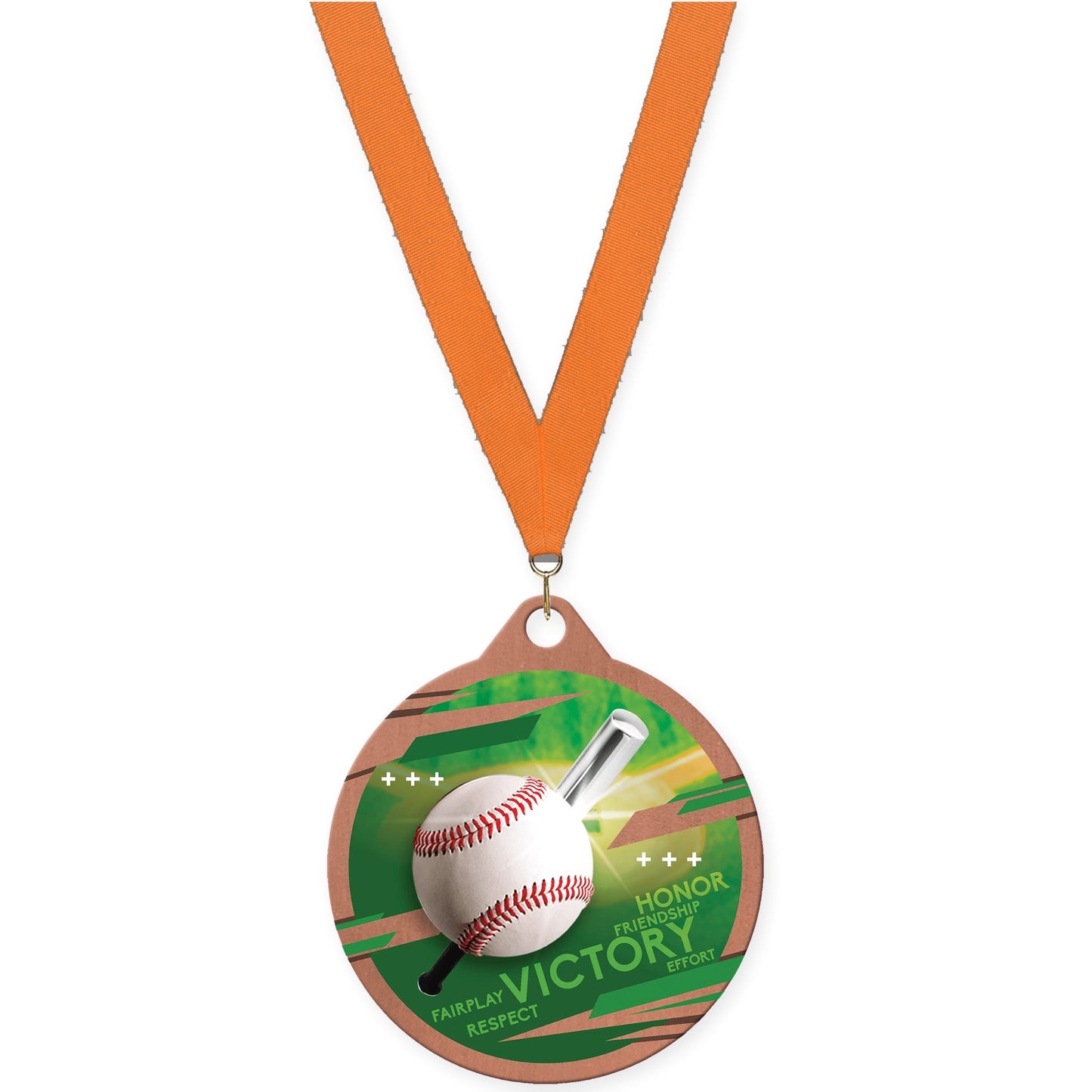 2 inch baseball Inspire medal in bronze with Orange neck ribbon