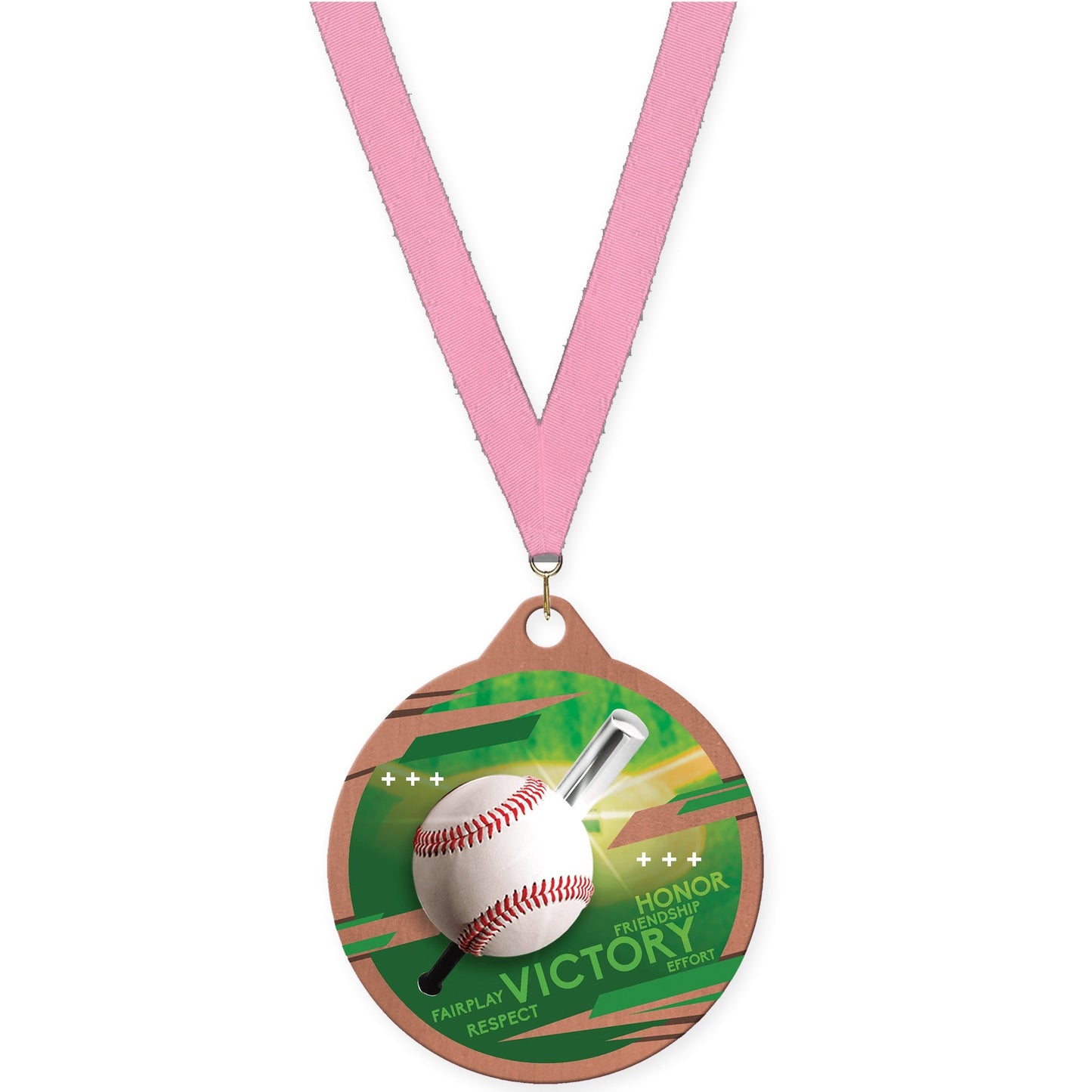 2 inch baseball Inspire medal in bronze with Pink neck ribbon