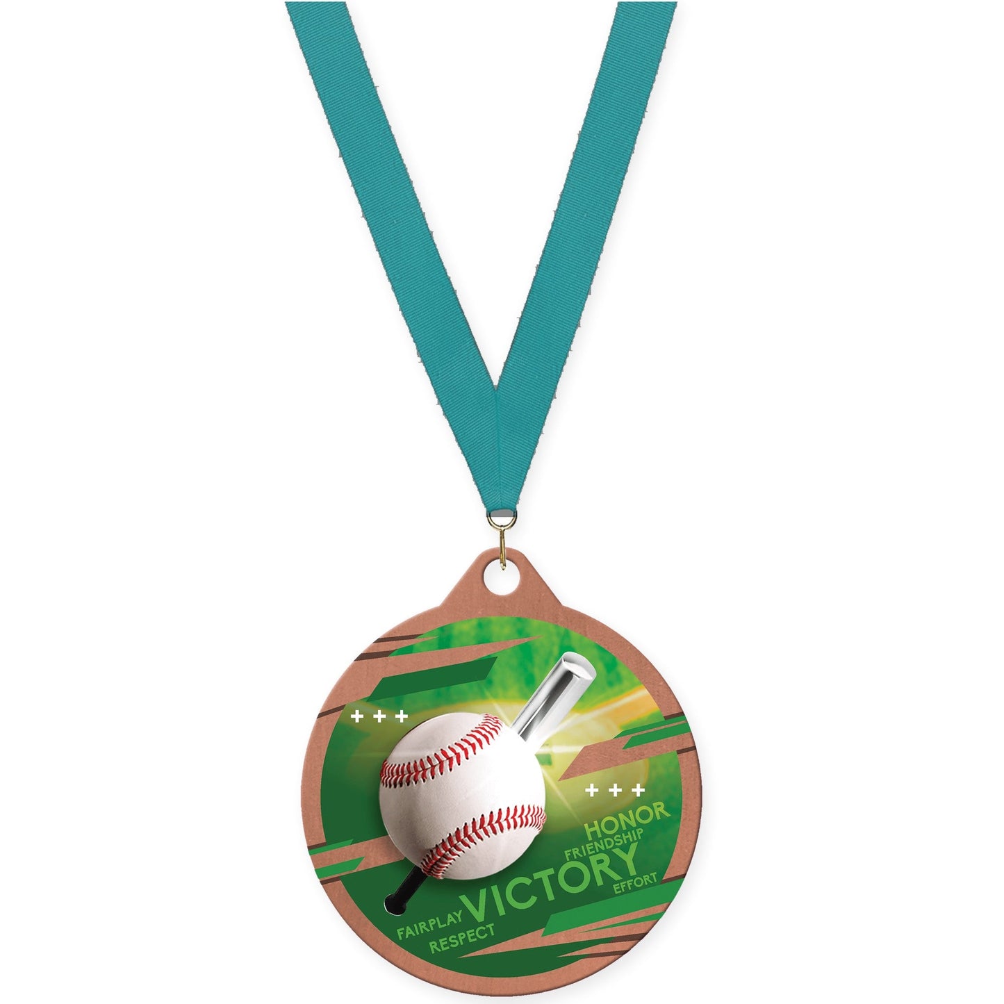 2 inch baseball Inspire medal in bronze with Teal neck ribbon