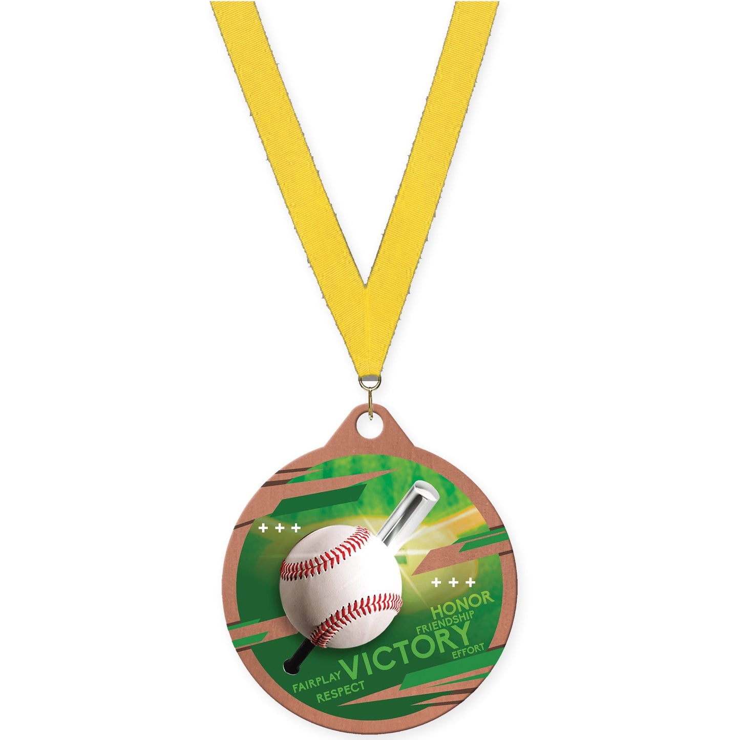 2 inch baseball Inspire medal in bronze with Yellow neck ribbon