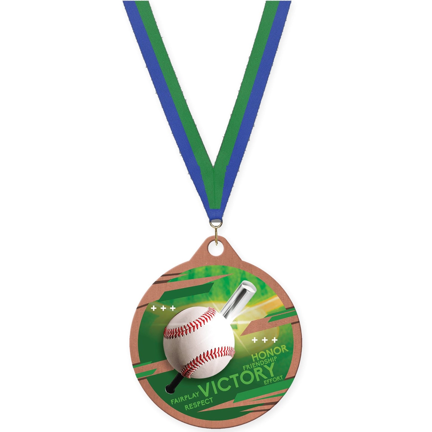 2 inch baseball Inspire medal in bronze with Blue Green neck ribbon