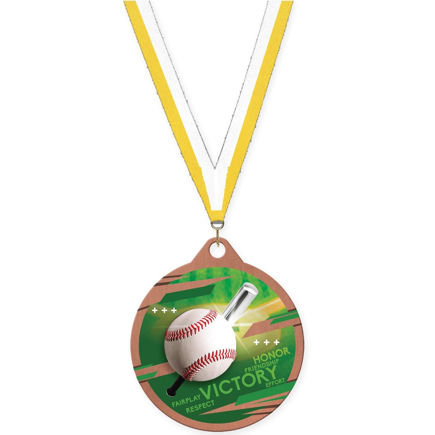 2 inch baseball Inspire medal in bronze with Yellow White neck ribbon