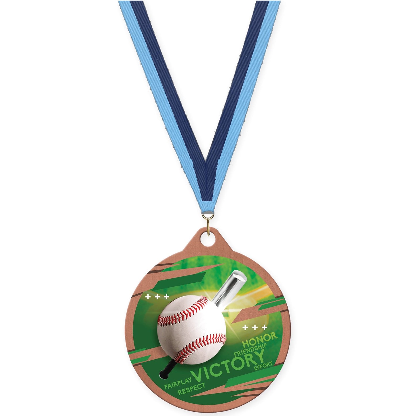 2 inch baseball Inspire medal in bronze with Light Blue Navy neck ribbon