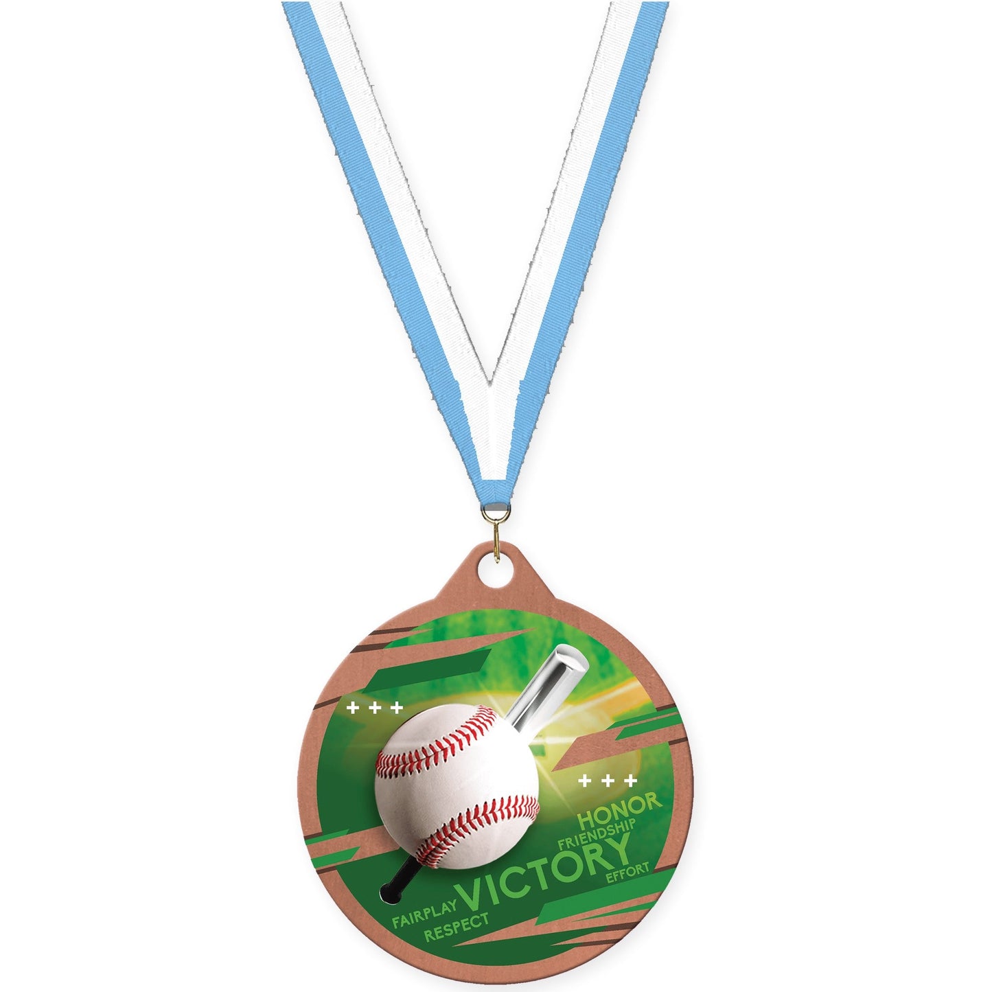 2 inch baseball Inspire medal in bronze with Light Blue White neck ribbon