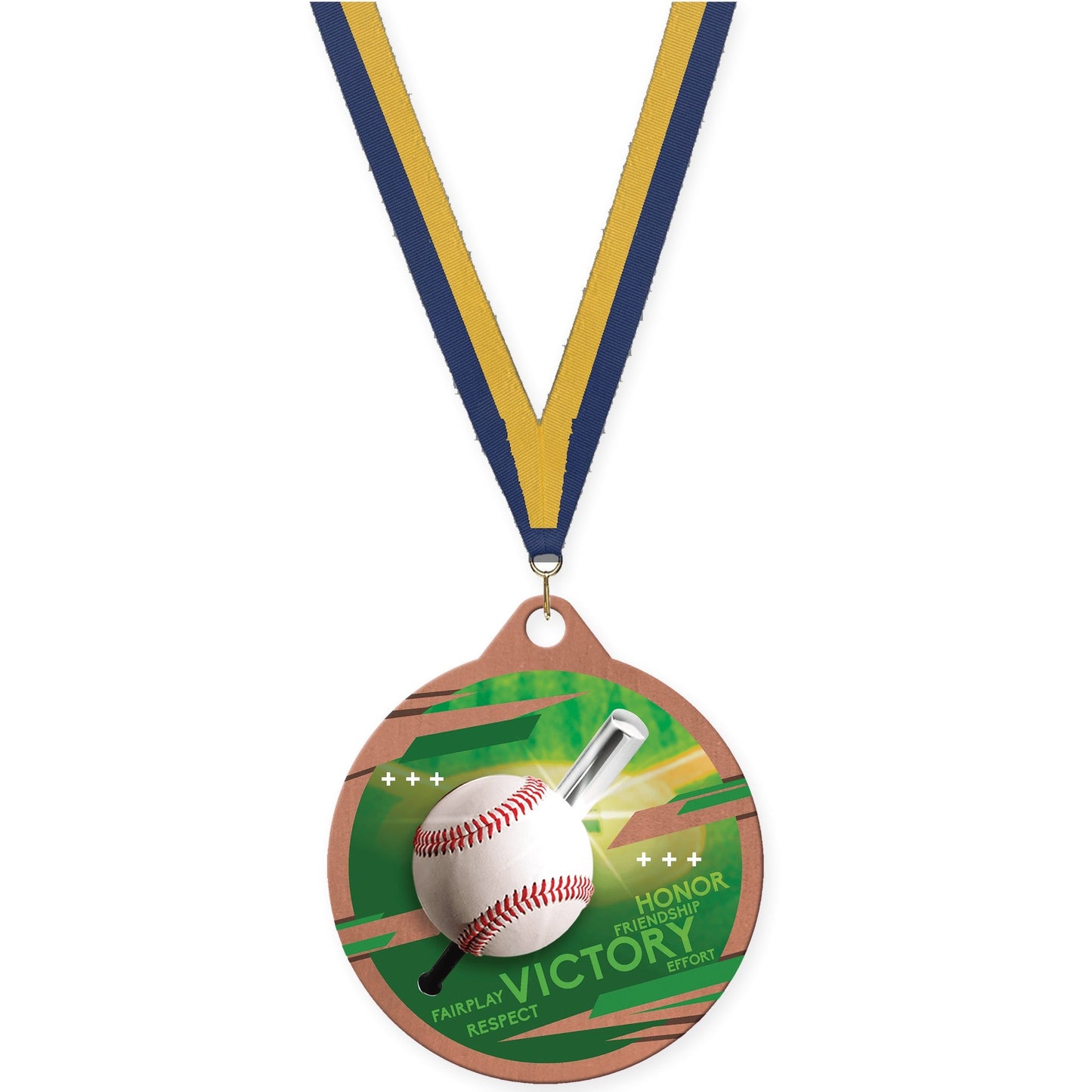 2 inch baseball Inspire medal in bronze with Navy Gold neck ribbon