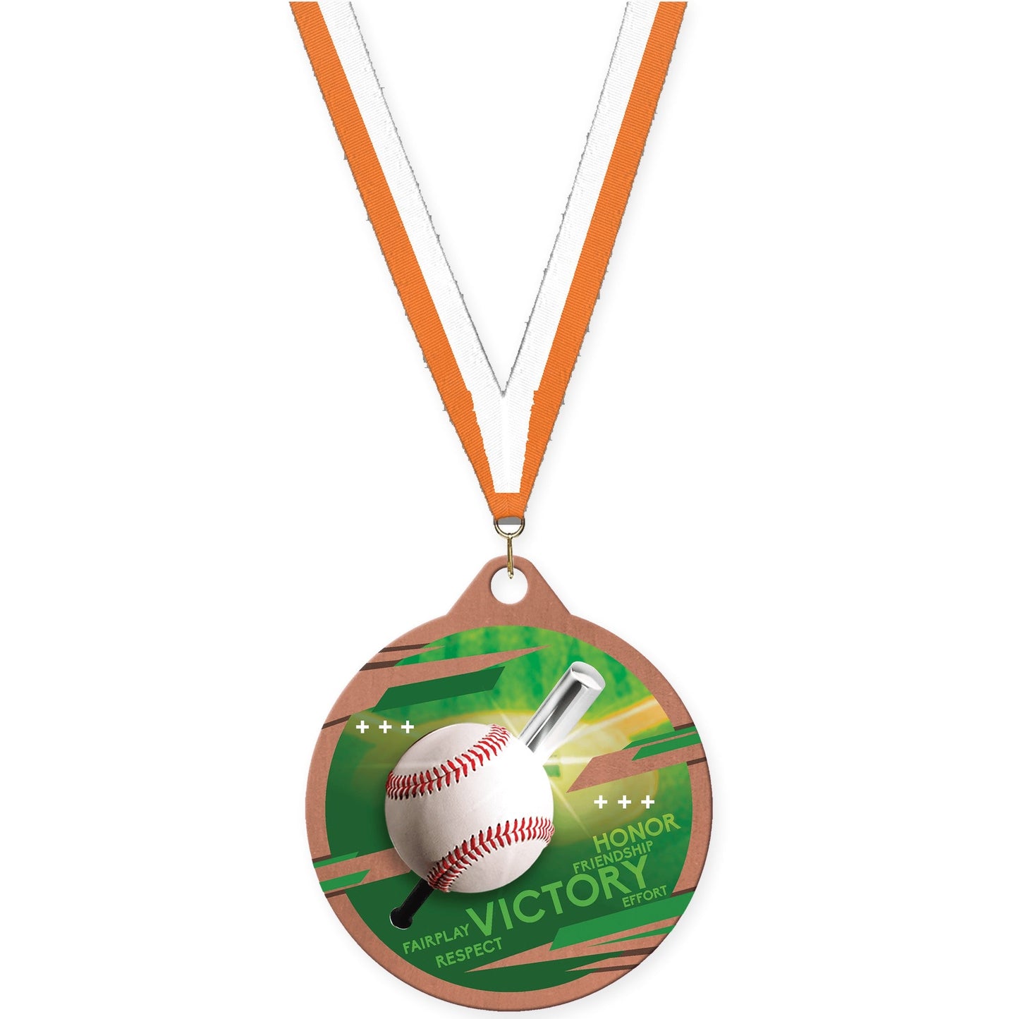 2 inch baseball Inspire medal in bronze with Orange White neck ribbon