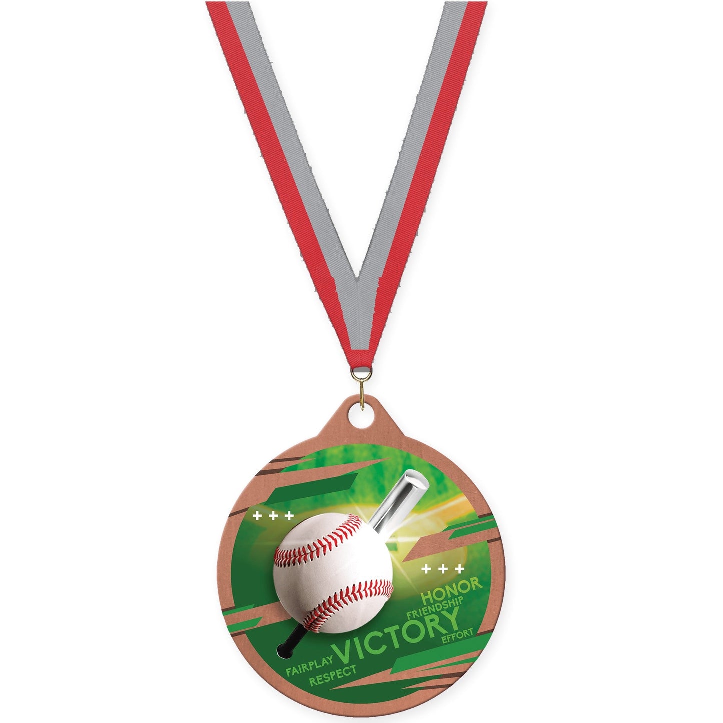 2 inch baseball Inspire medal in bronze with Red Gray neck ribbon