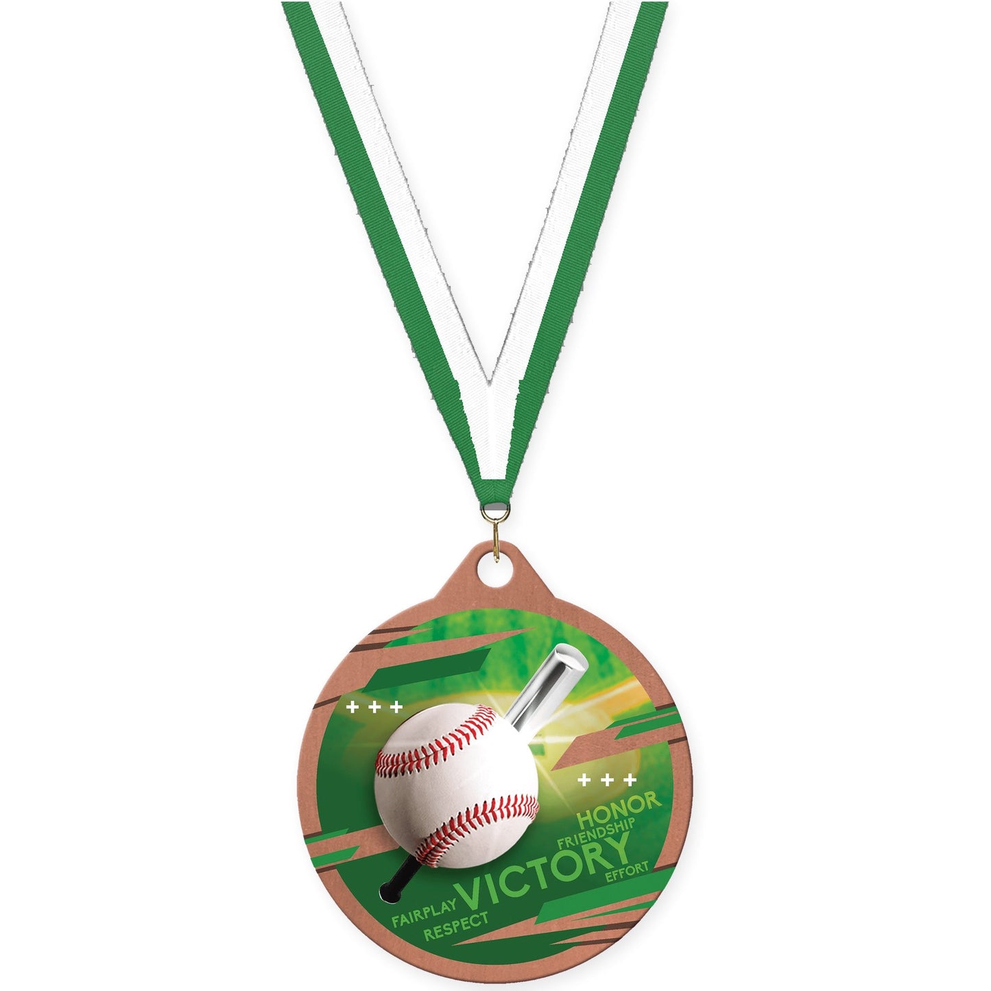2 inch baseball Inspire medal in bronze with Green White neck ribbon