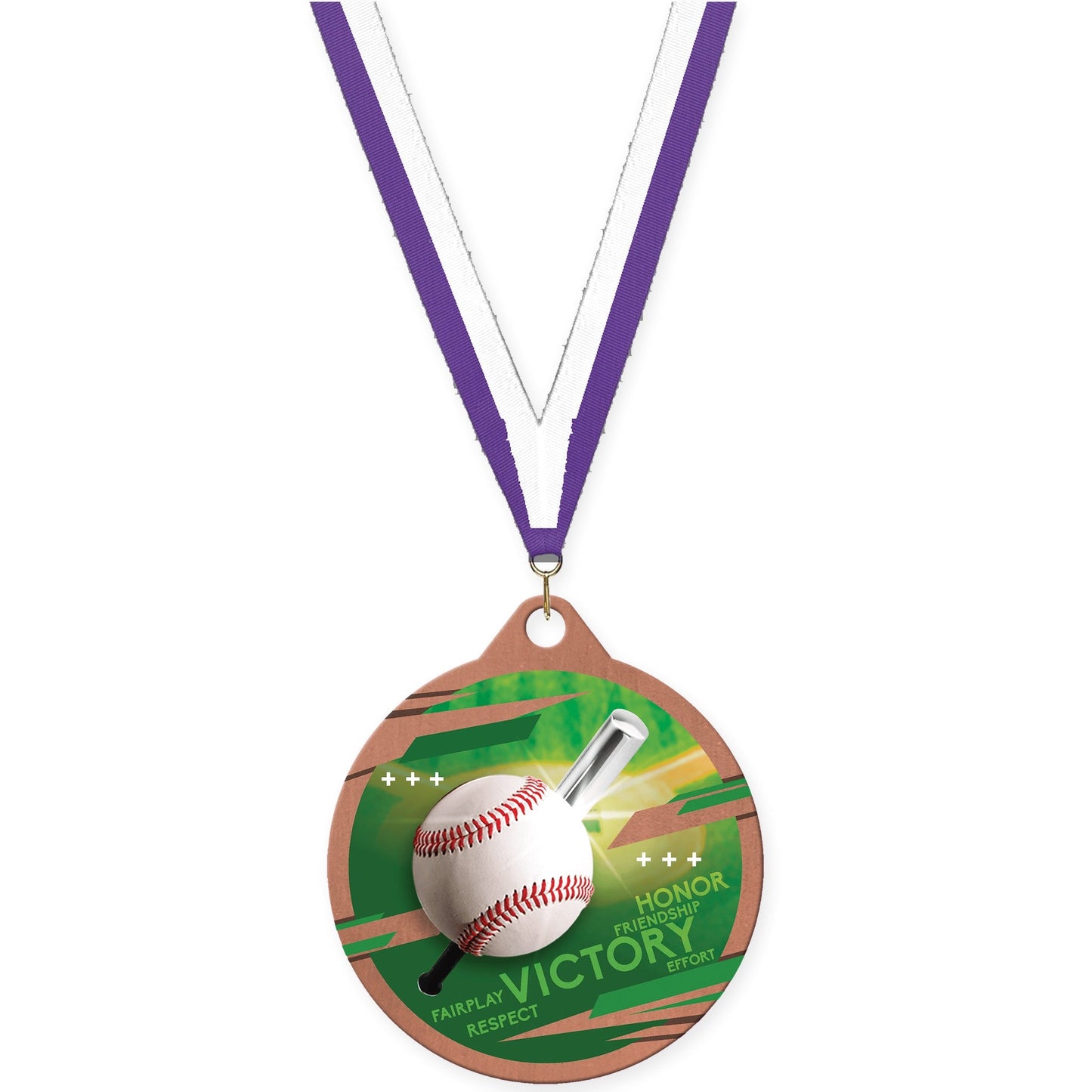 2 inch baseball Inspire medal in bronze with Purple White neck ribbon