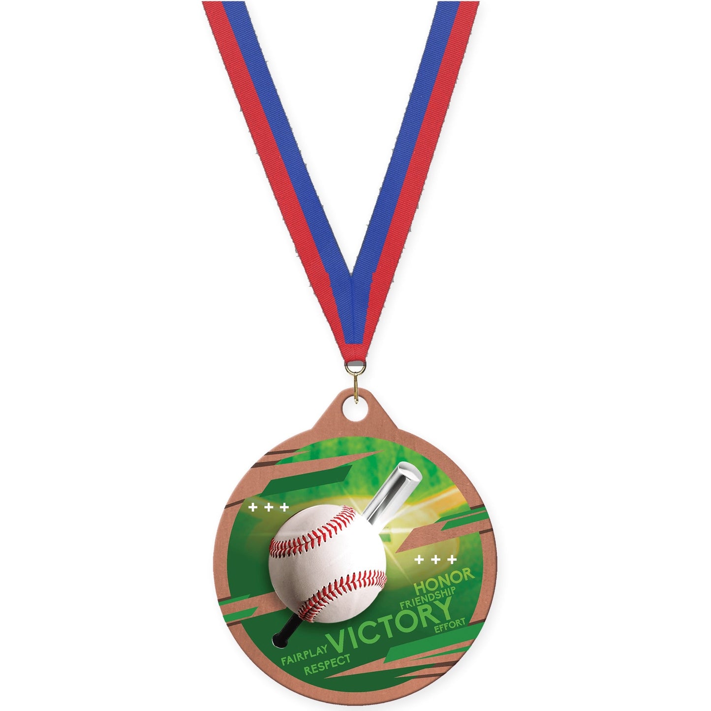 2 inch baseball Inspire medal in bronze with Blue Red neck ribbon