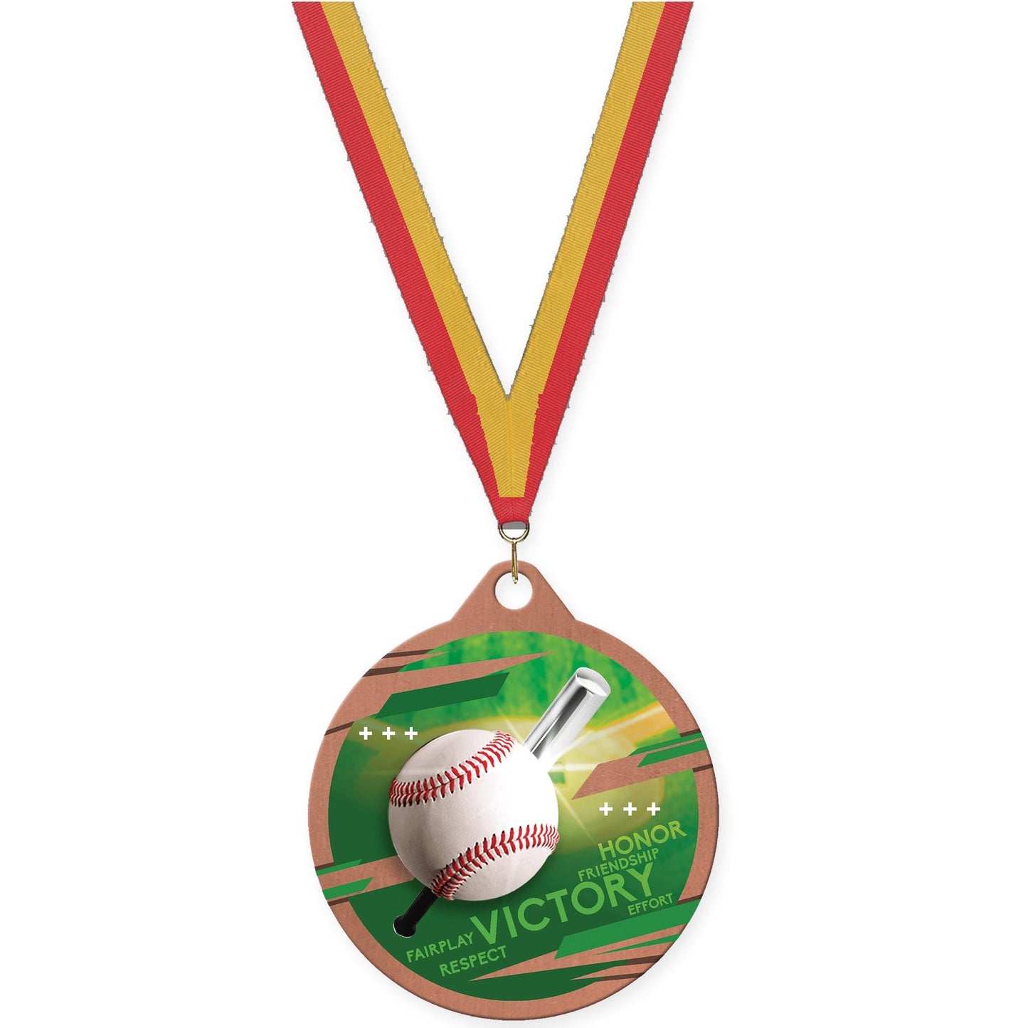 2 inch baseball Inspire medal in bronze with Red Gold neck ribbon