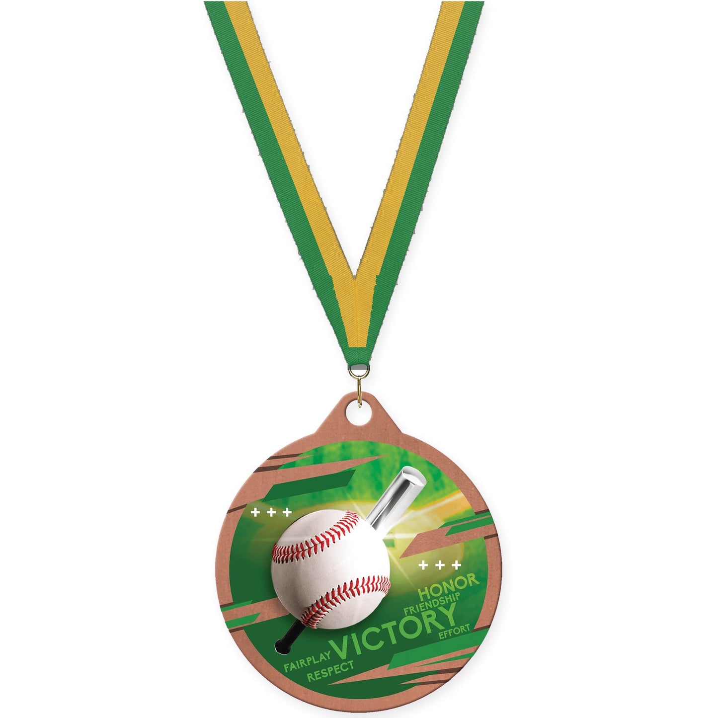 2 inch baseball Inspire medal in bronze with Green Gold neck ribbon