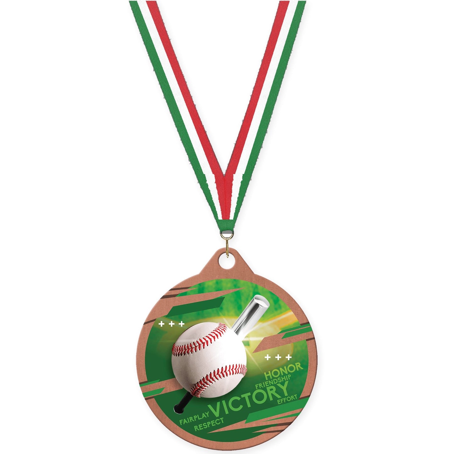 2 inch baseball Inspire medal in bronze with Green White Red neck ribbon