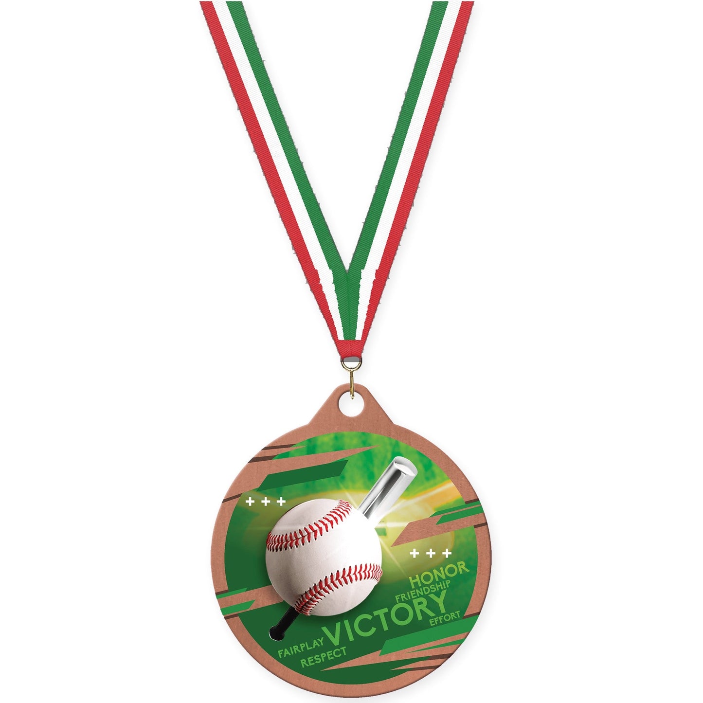 2 inch baseball Inspire medal in bronze with Red White Green neck ribbon