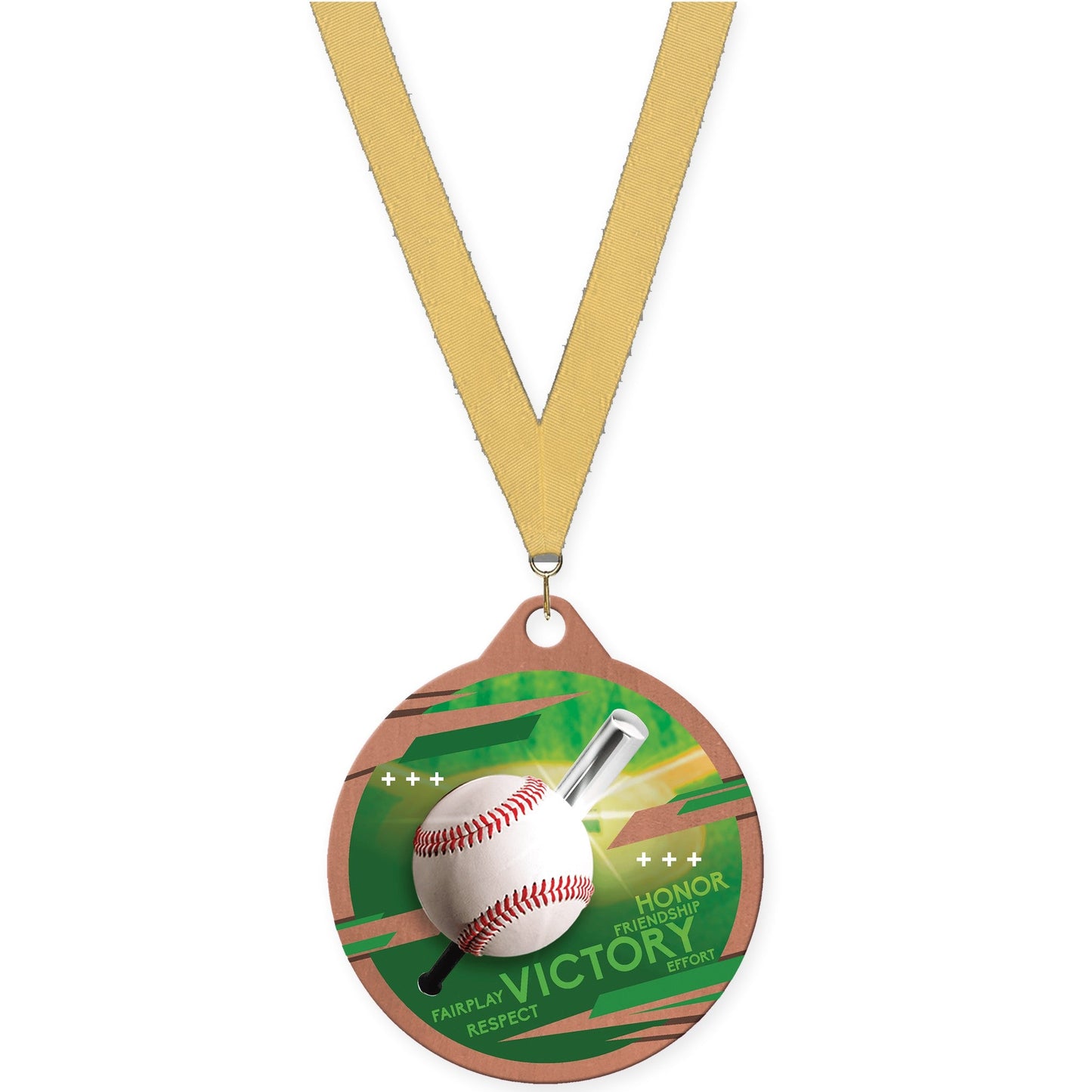 2 inch baseball Inspire medal in bronze with Gold Metallic neck ribbon
