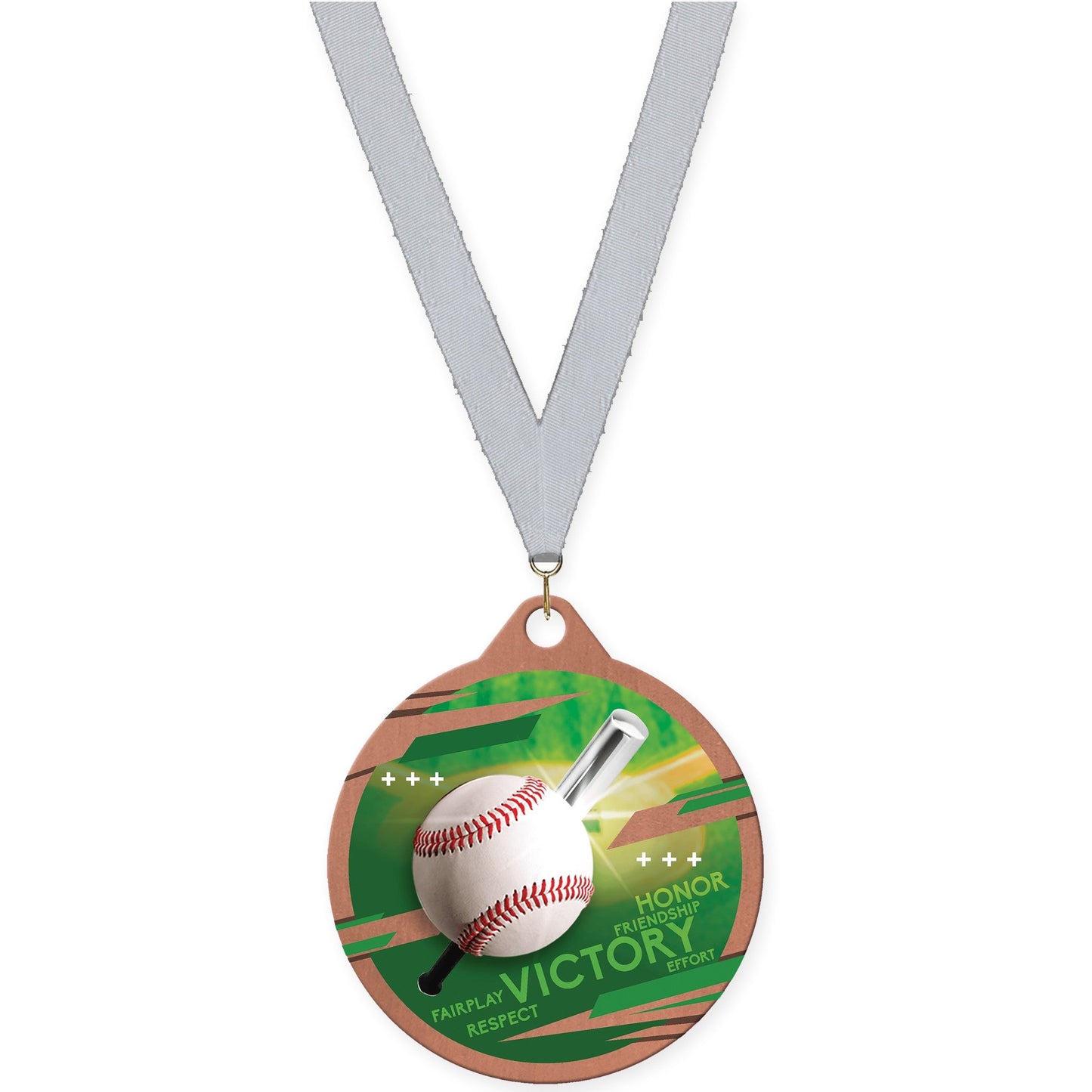 2 inch baseball Inspire medal in bronze with Silver Metallic neck ribbon
