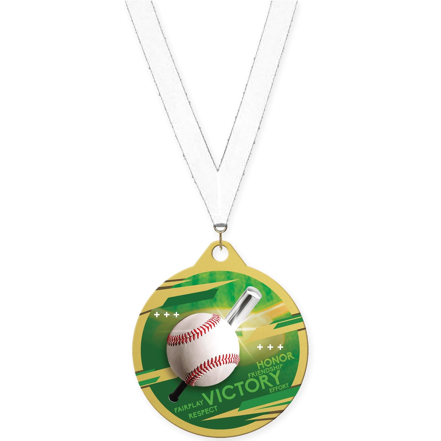 2 inch baseball Inspire medal in gold with White neck ribbon