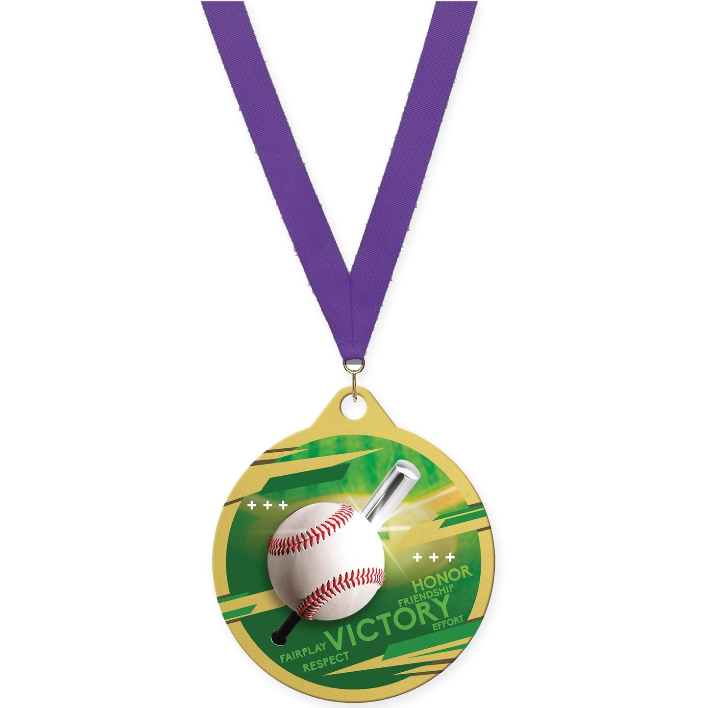 2 inch baseball Inspire medal in gold with Purple neck ribbon