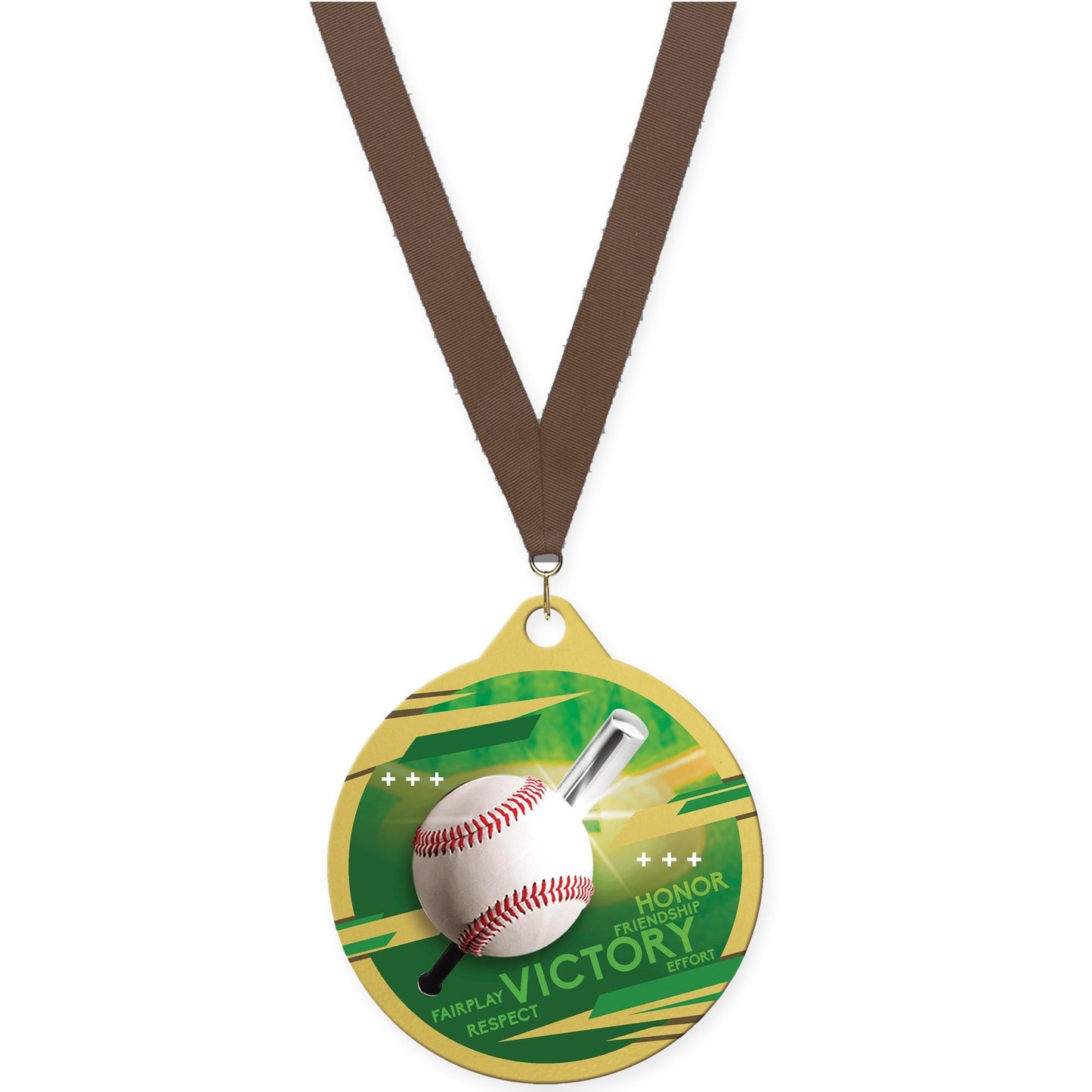 2 inch baseball Inspire medal in gold with Brown neck ribbon