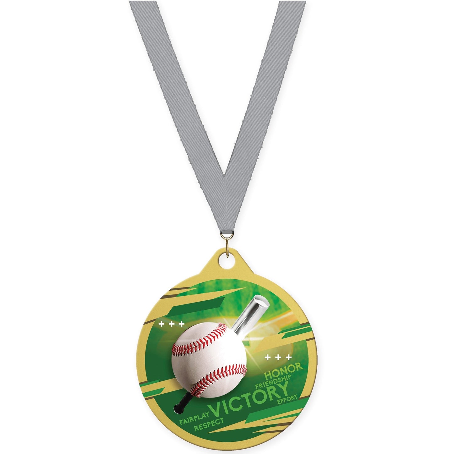 2 inch baseball Inspire medal in gold with Gray neck ribbon