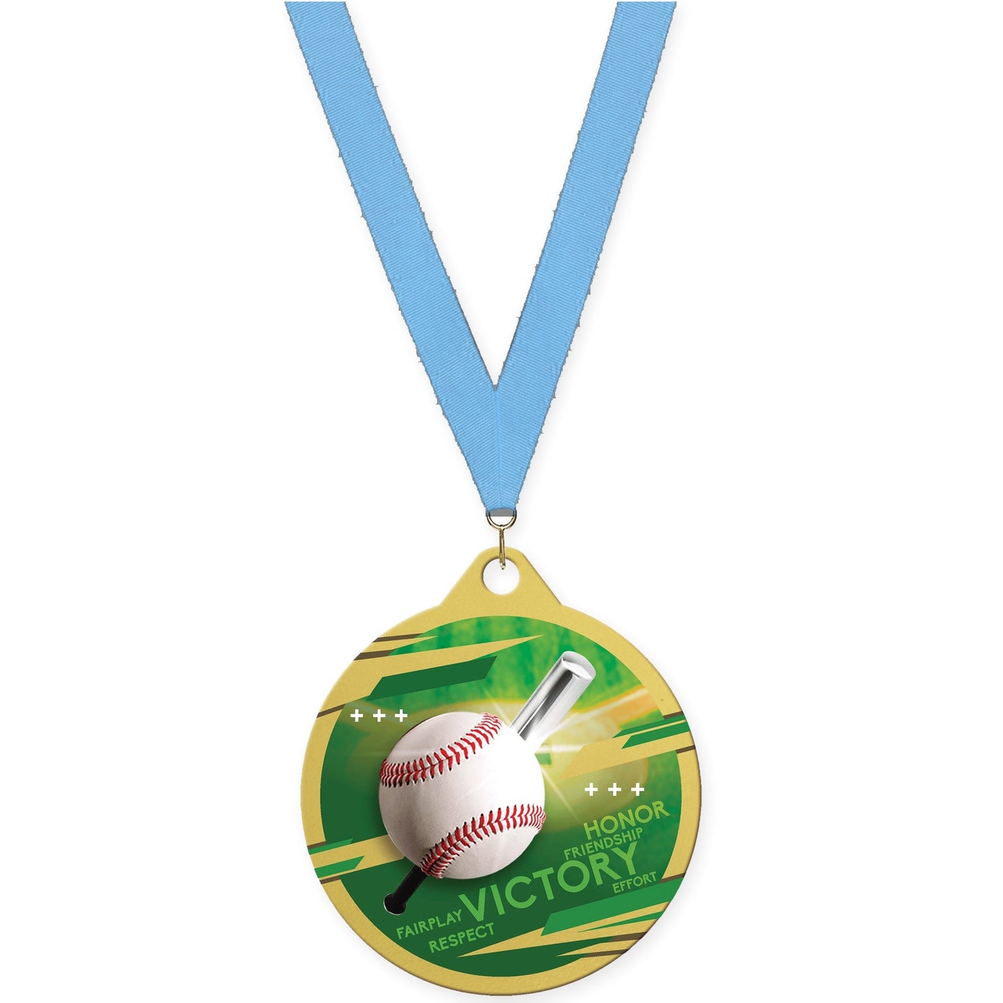 2 inch baseball Inspire medal in gold with Light Blue neck ribbon