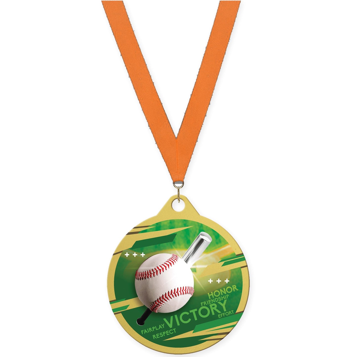 2 inch baseball Inspire medal in gold with Orange neck ribbon
