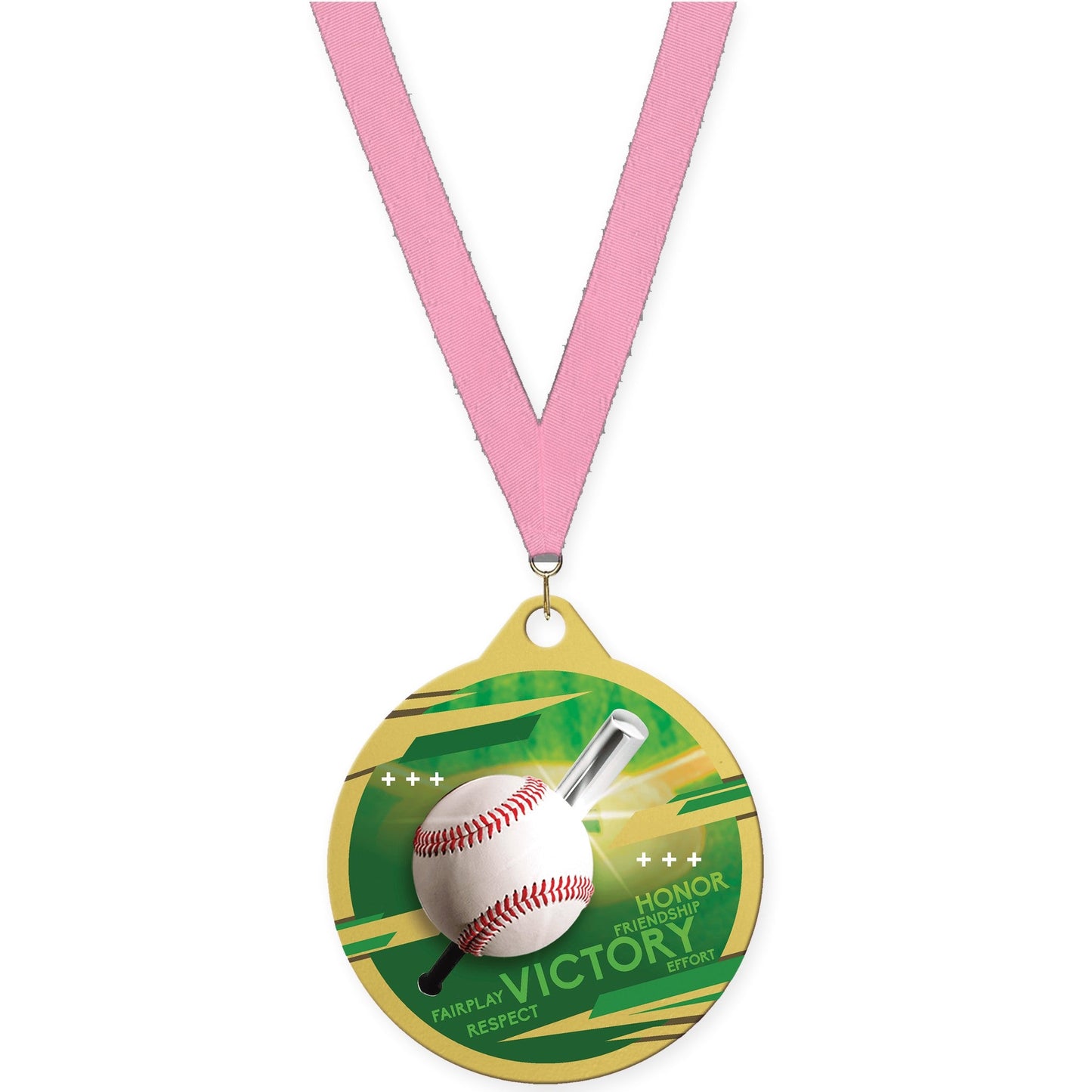 2 inch baseball Inspire medal in gold with Pink neck ribbon