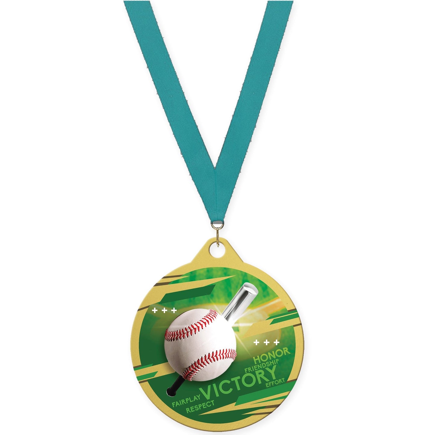 2 inch baseball Inspire medal in gold with Teal neck ribbon