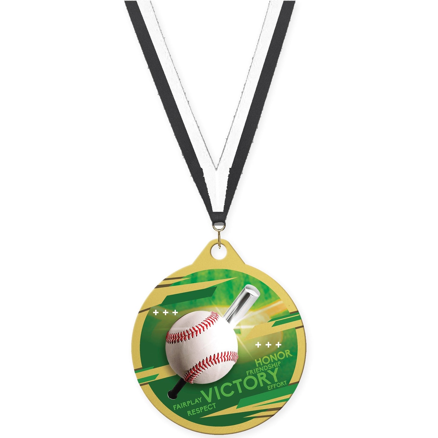 2 inch baseball Inspire medal in gold with Black White neck ribbon