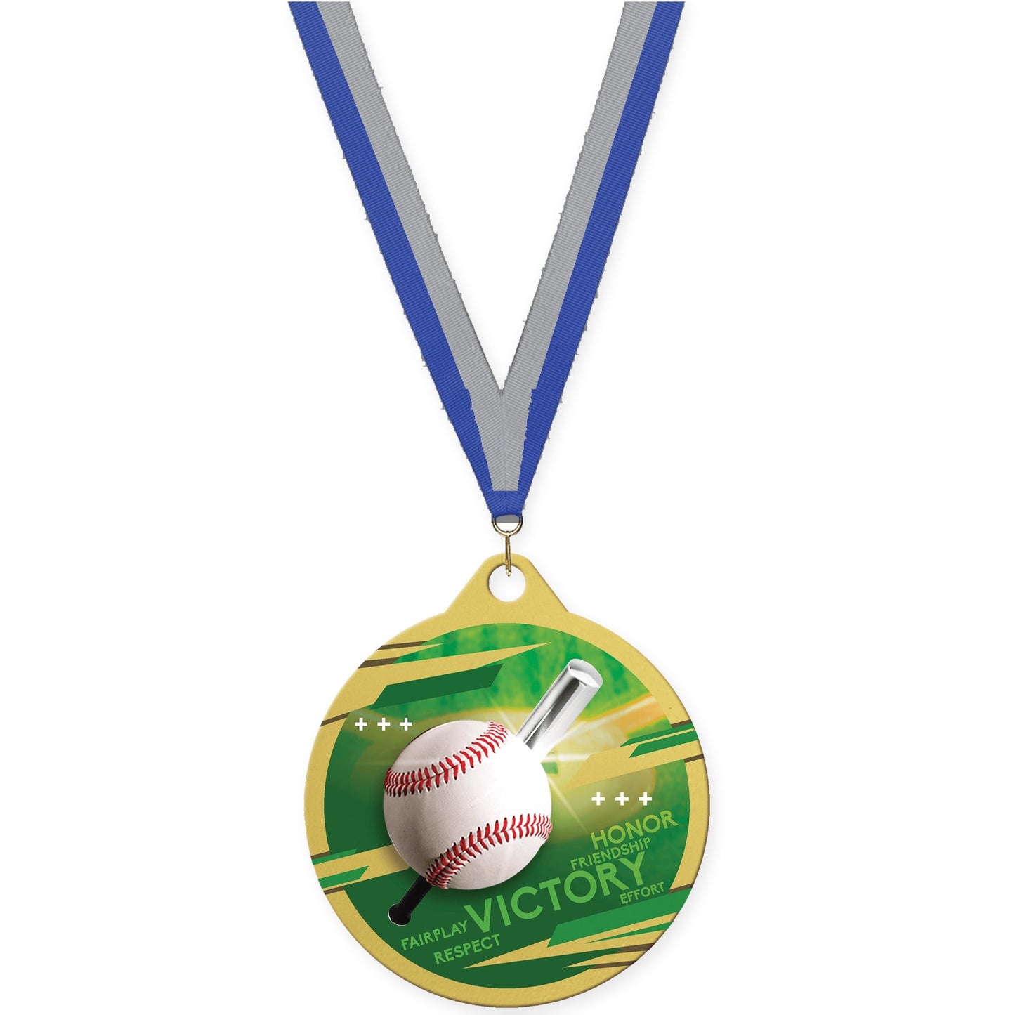 2 inch baseball Inspire medal in gold with Blue Gray neck ribbon