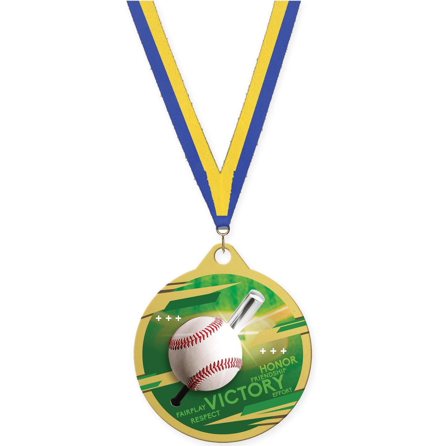 2 inch baseball Inspire medal in gold with Blue Yellow neck ribbon
