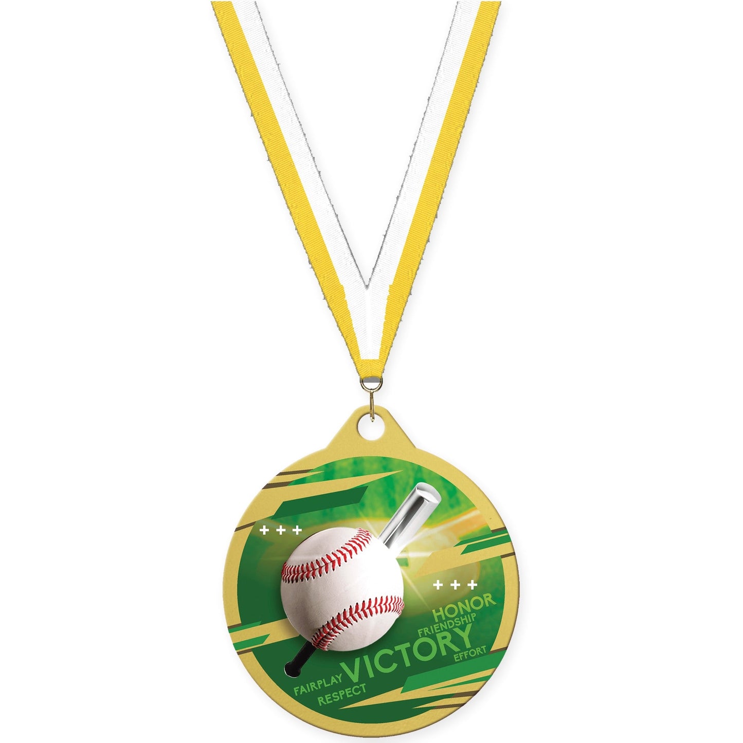 2 inch baseball Inspire medal in gold with Yellow White neck ribbon