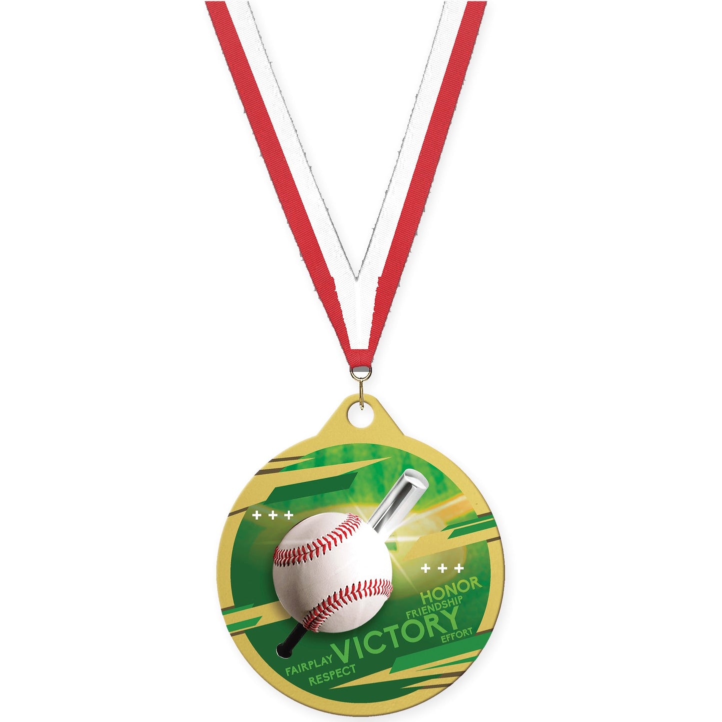 2 inch baseball Inspire medal in gold with Red White neck ribbon