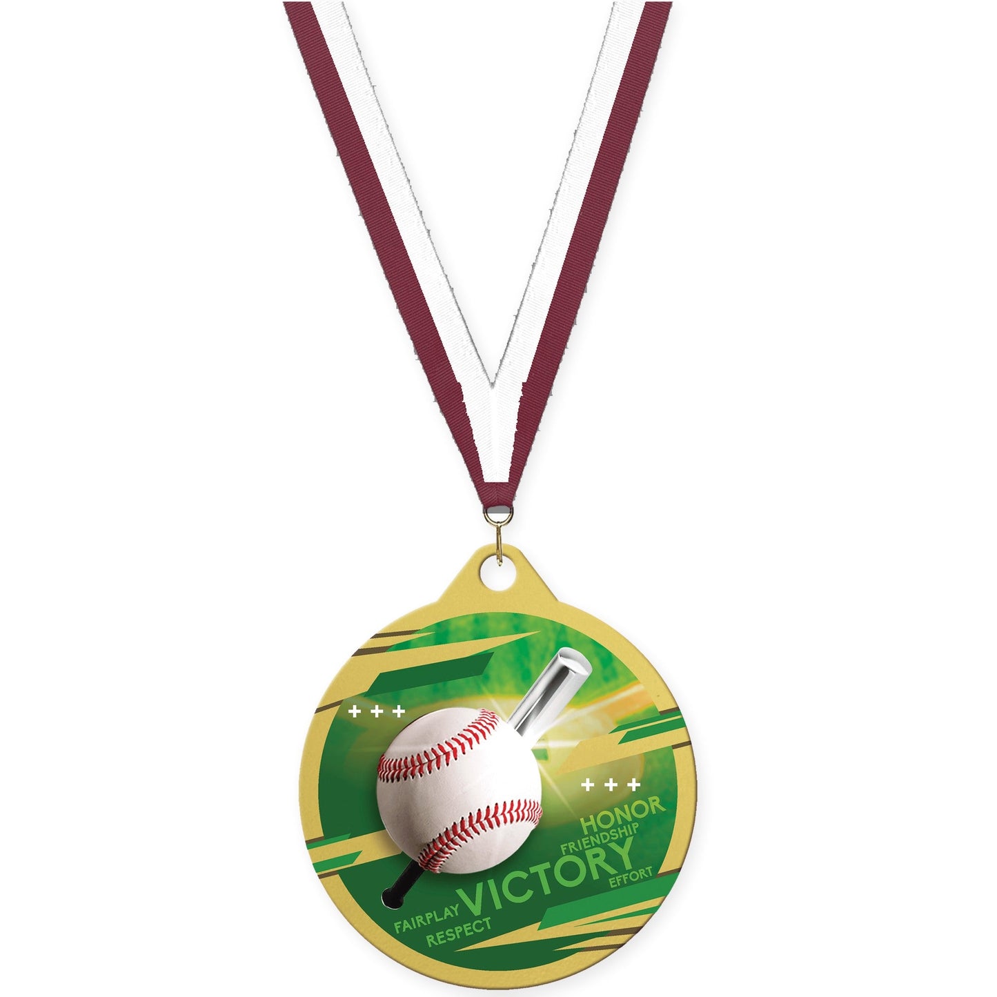 2 inch baseball Inspire medal in gold with Maroon White neck ribbon