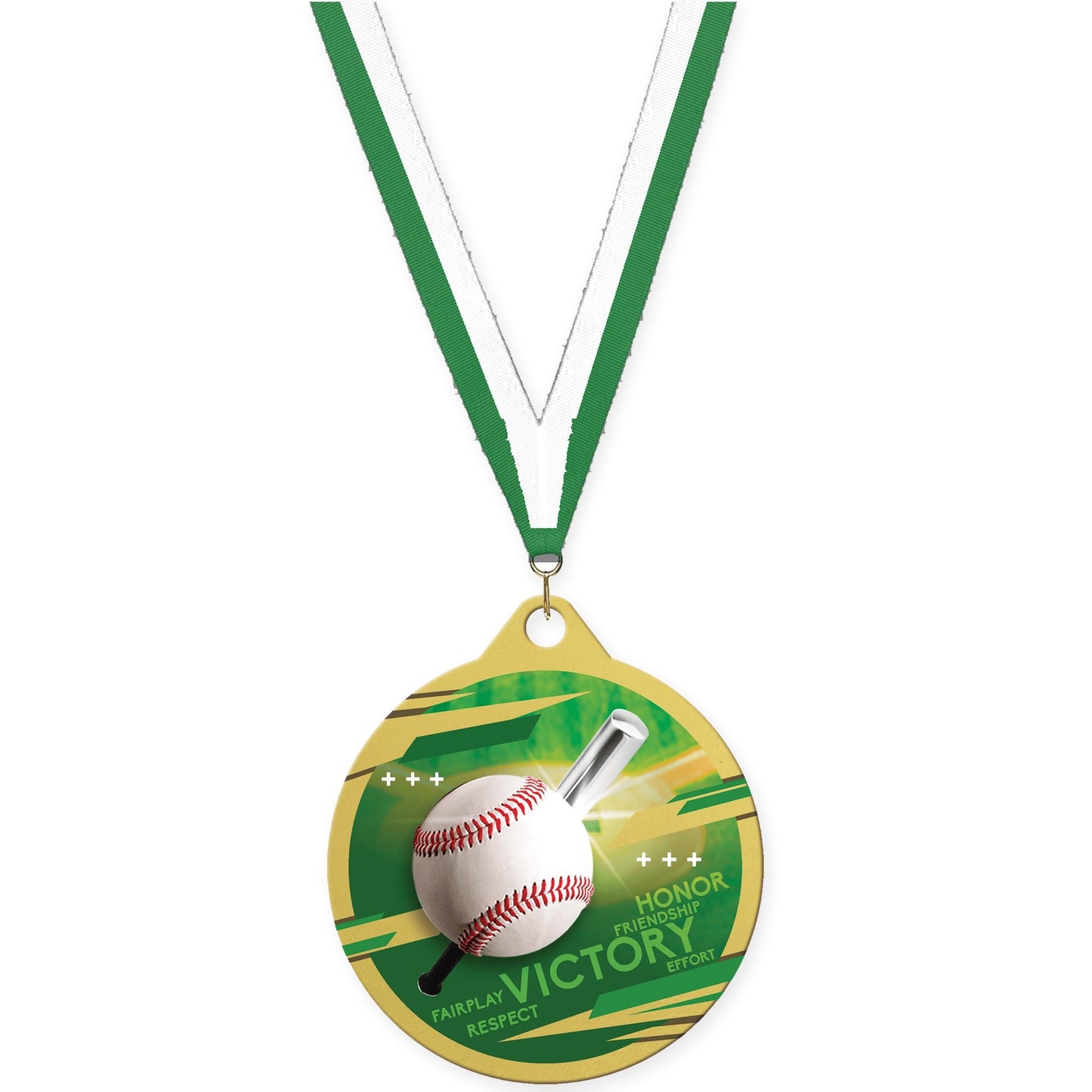 2 inch baseball Inspire medal in gold with Green White neck ribbon