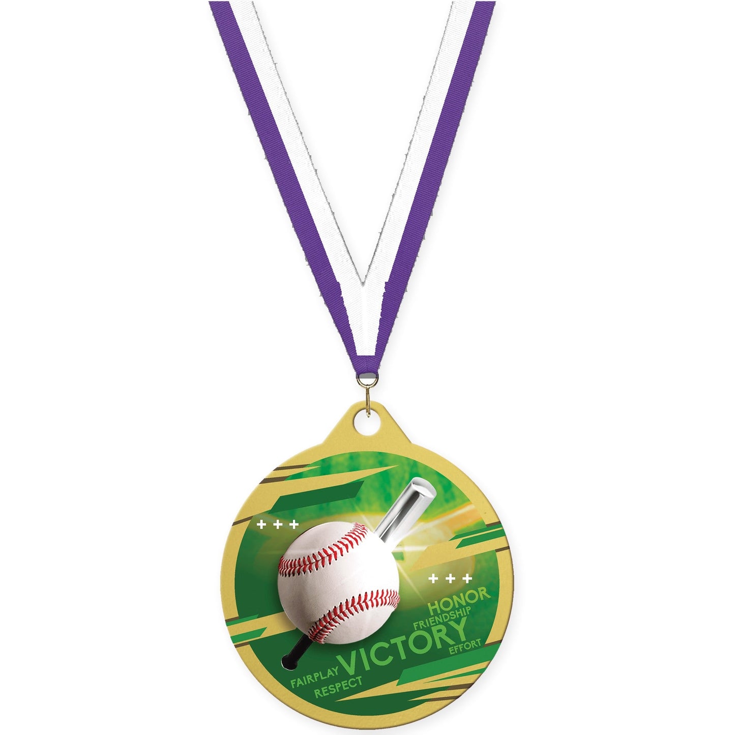2 inch baseball Inspire medal in gold with Purple White neck ribbon