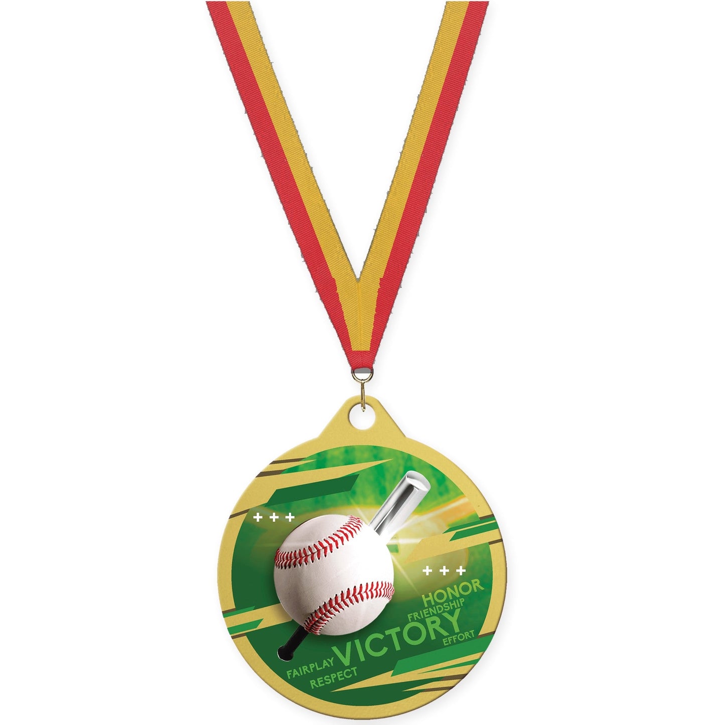 2 inch baseball Inspire medal in gold with Red Gold neck ribbon