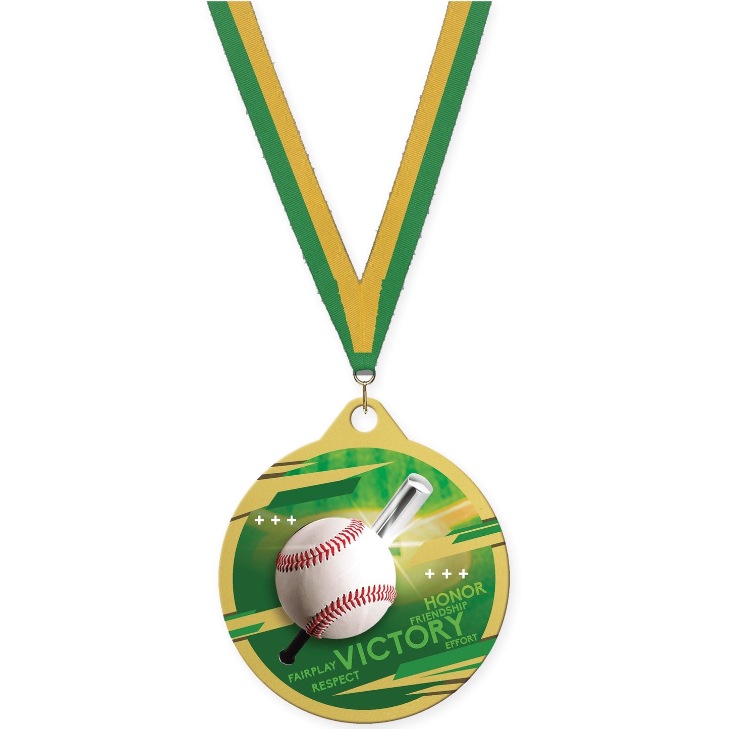 2 inch baseball Inspire medal in gold with Green Gold neck ribbon