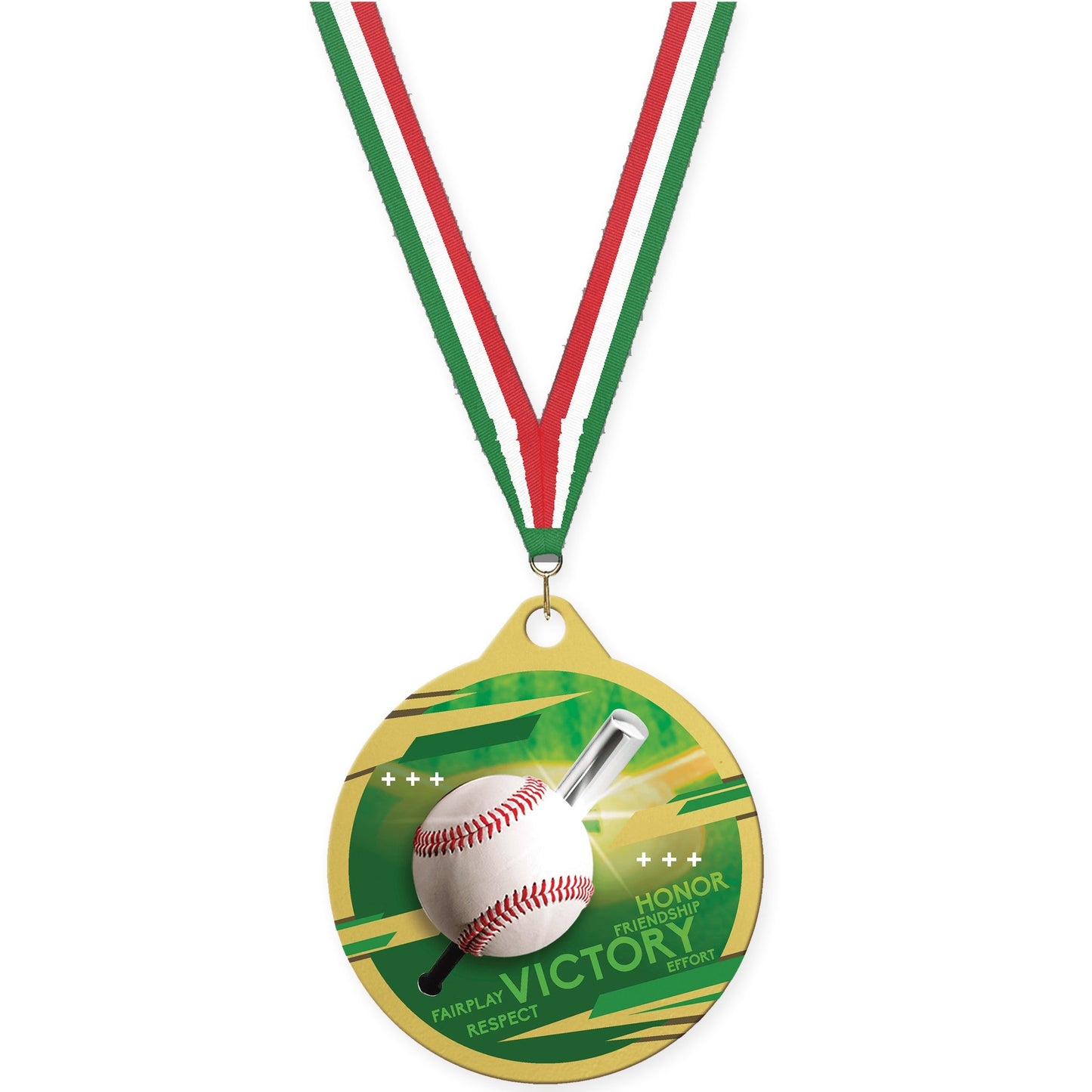 2 inch baseball Inspire medal in gold with Green White Red neck ribbon
