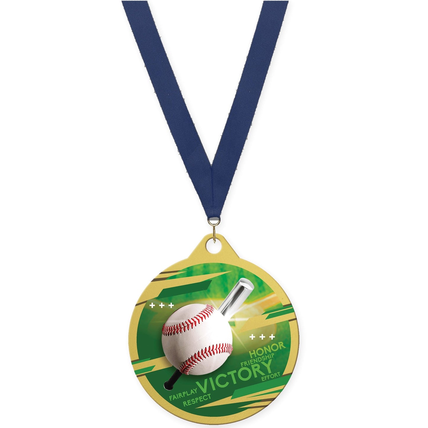 2 inch baseball Inspire medal in gold with Navy neck ribbon