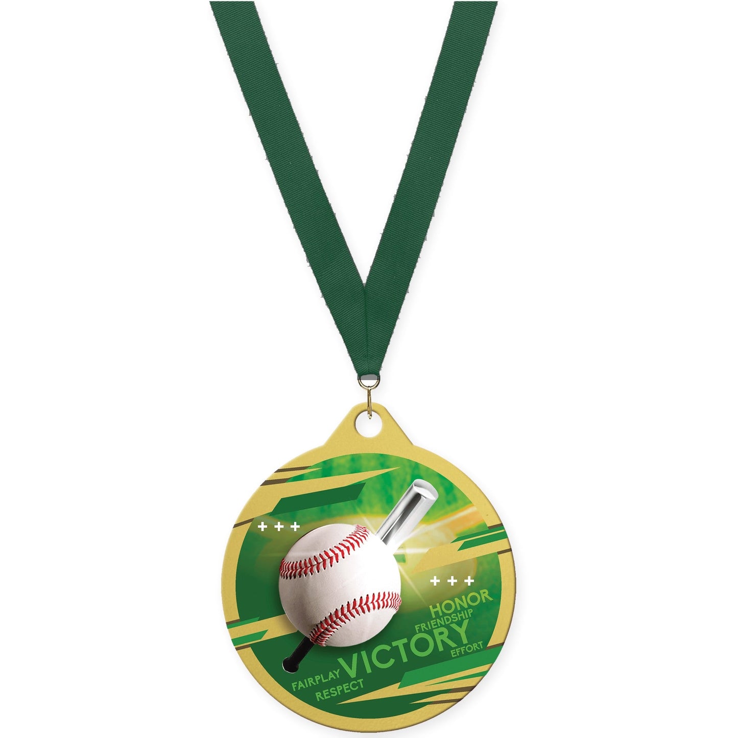 2 inch baseball Inspire medal in gold with Hunter Green neck ribbon