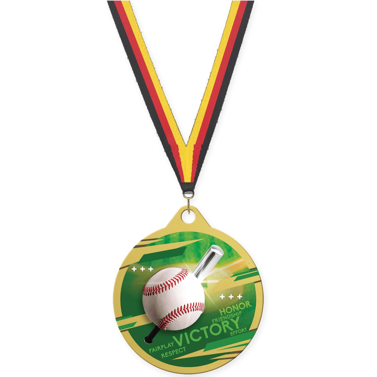 2 inch baseball Inspire medal in gold with Black Red Yellow neck ribbon